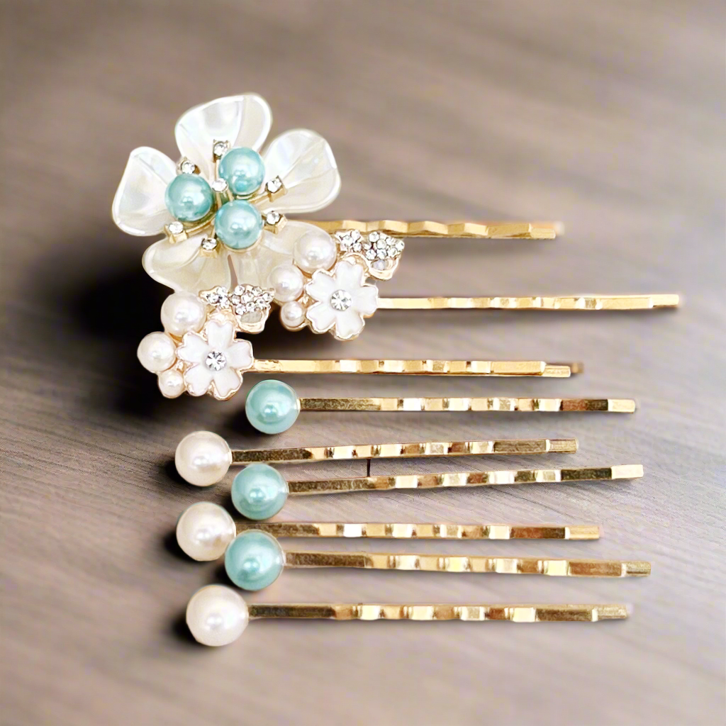 Blue Pearl Hair Pins Set - Wedding Hair Jewelry for Bride - Set of 9