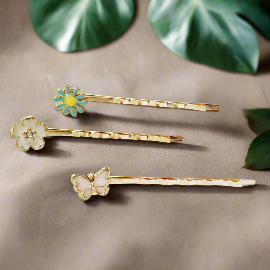 Pink Butterfly & Flower Hair Pin Set - Set of 3 Hair Accessories