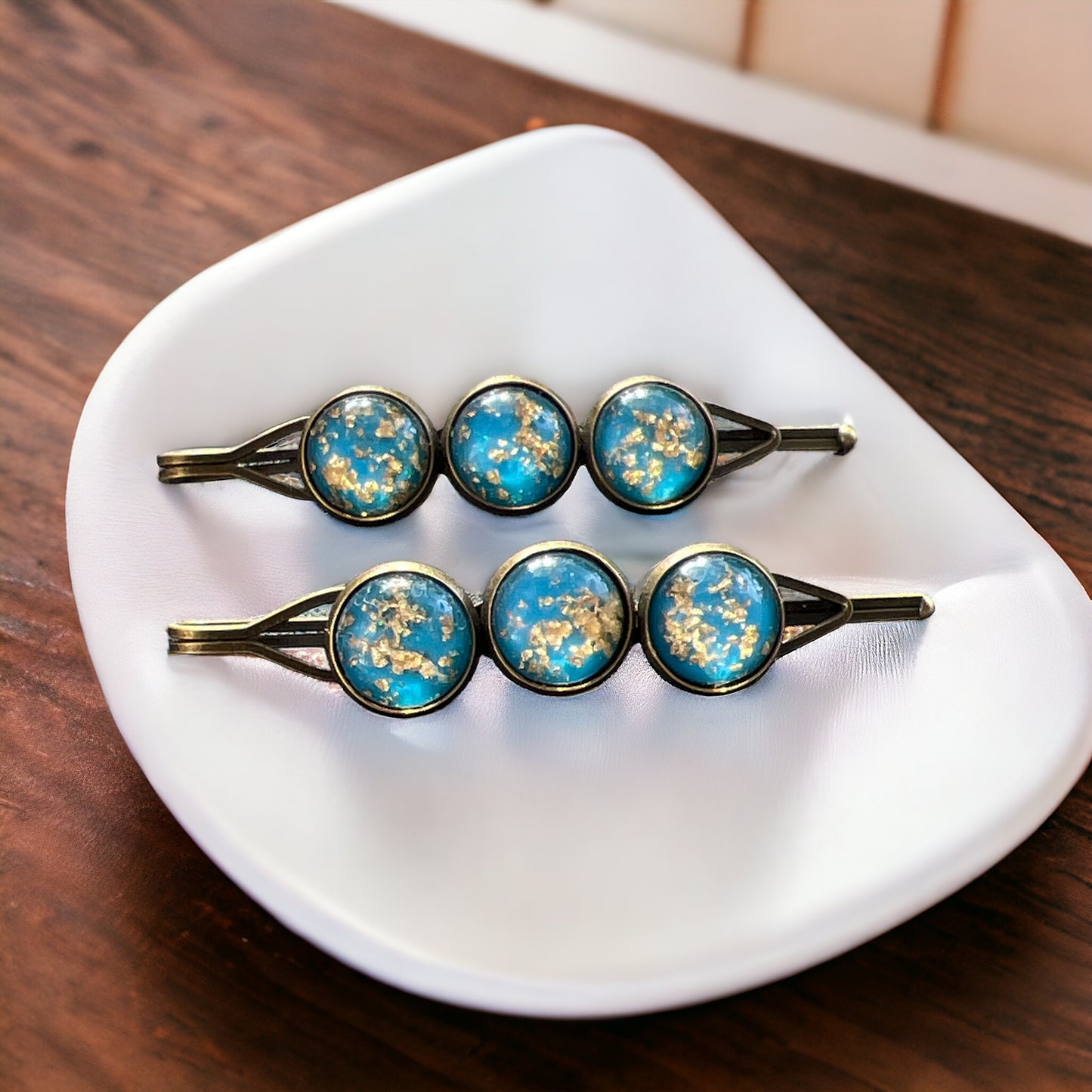 Sky Blue & Gold Foil Hair Pins – Set of 2 Celestial Hair Accessories