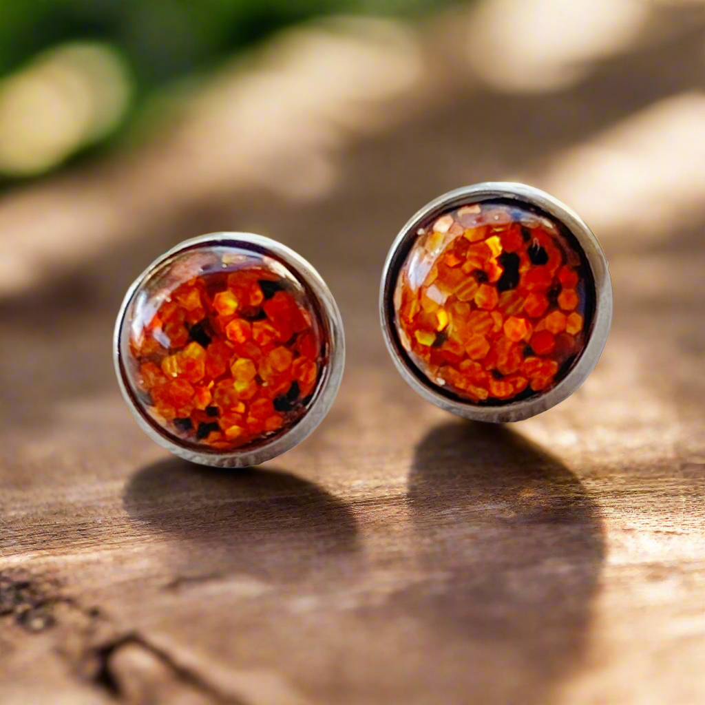 Orange Glitter 10mm Silver Stud Earrings - Sparkling Accessories