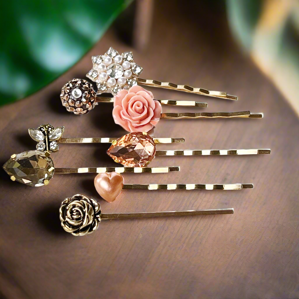 Pasador de pelo de oro rosa, clip de pelo de perla, pasador floral Bobby, pasador de pelo de flor, pasador de pelo vintage, barrette de oro antiguo, clip de pelo de mujer, mariposa