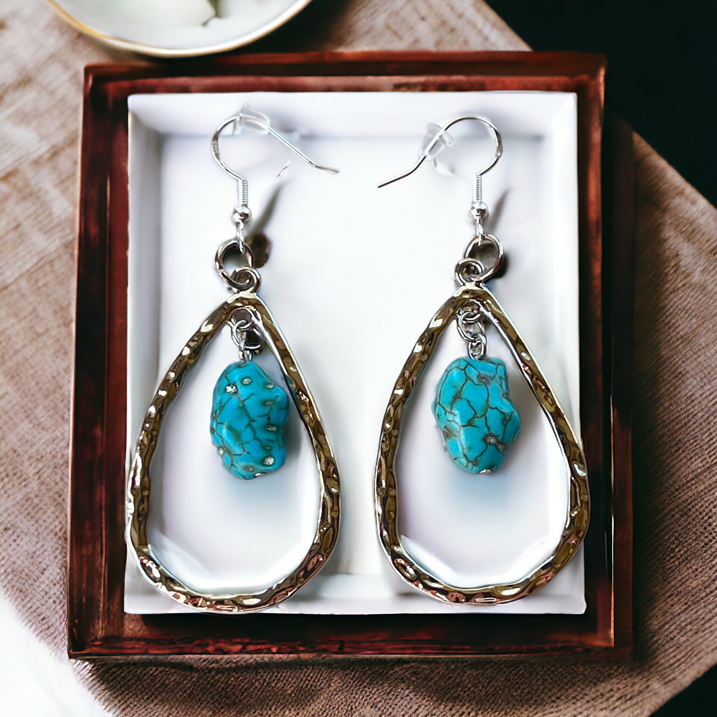 Hammered Teardrop Earrings – Turquoise Boho Western Jewelry
