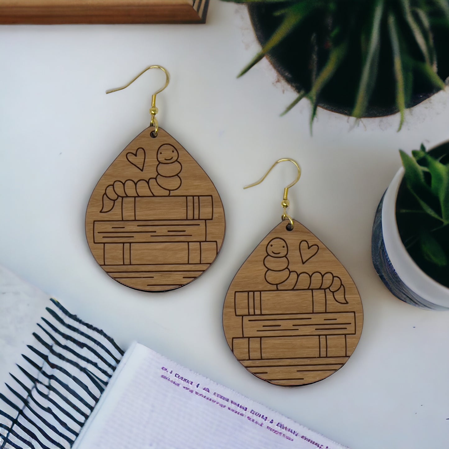 Bookworm Wood Earrings – Cute Boho Jewelry for Book Lovers