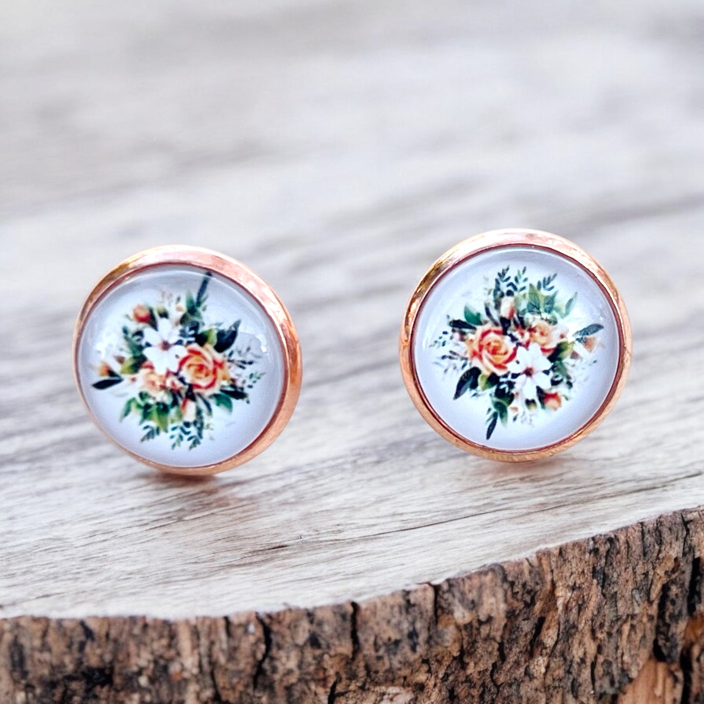 Rose Gold Floral Stud Earrings – Handmade Vintage Cottagecore Jewelry