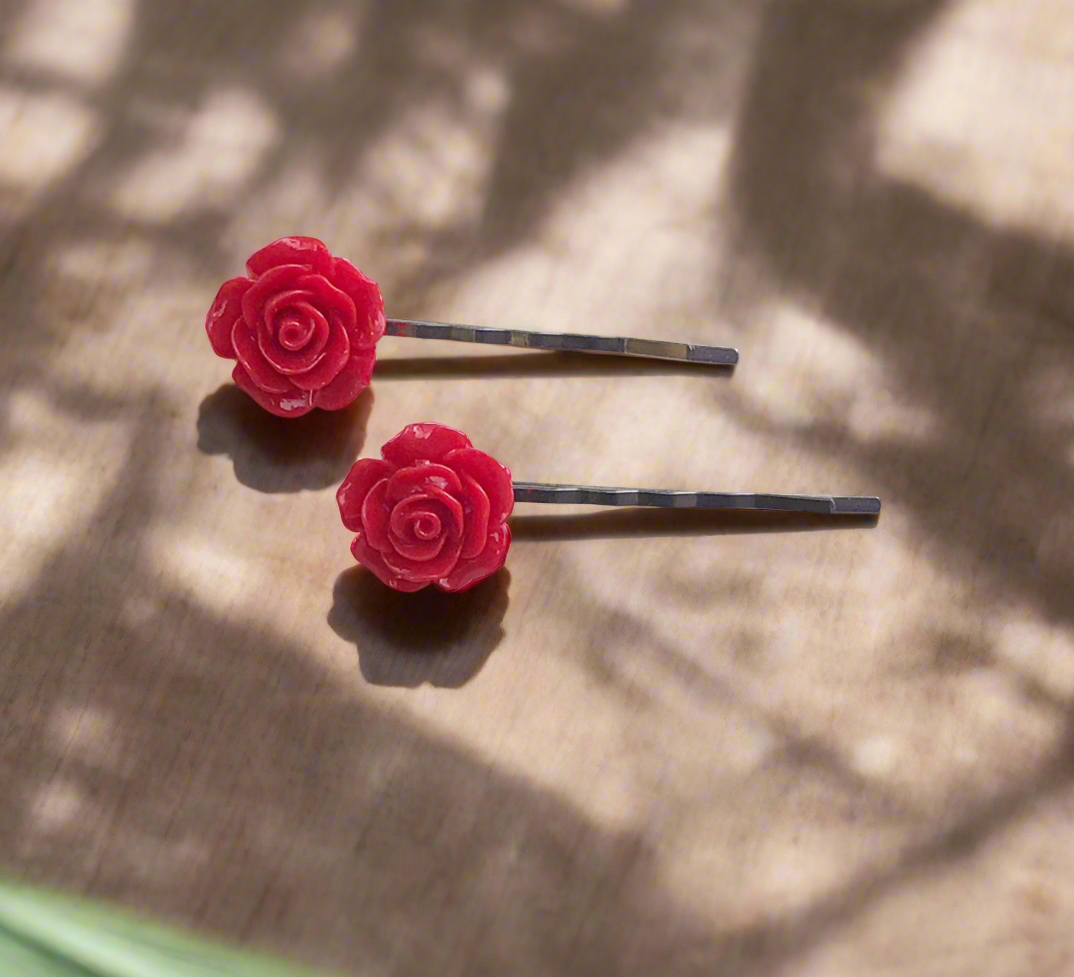 Red Flower Hair Pins - Elegant Boho Floral Bobby Pin Set of 2