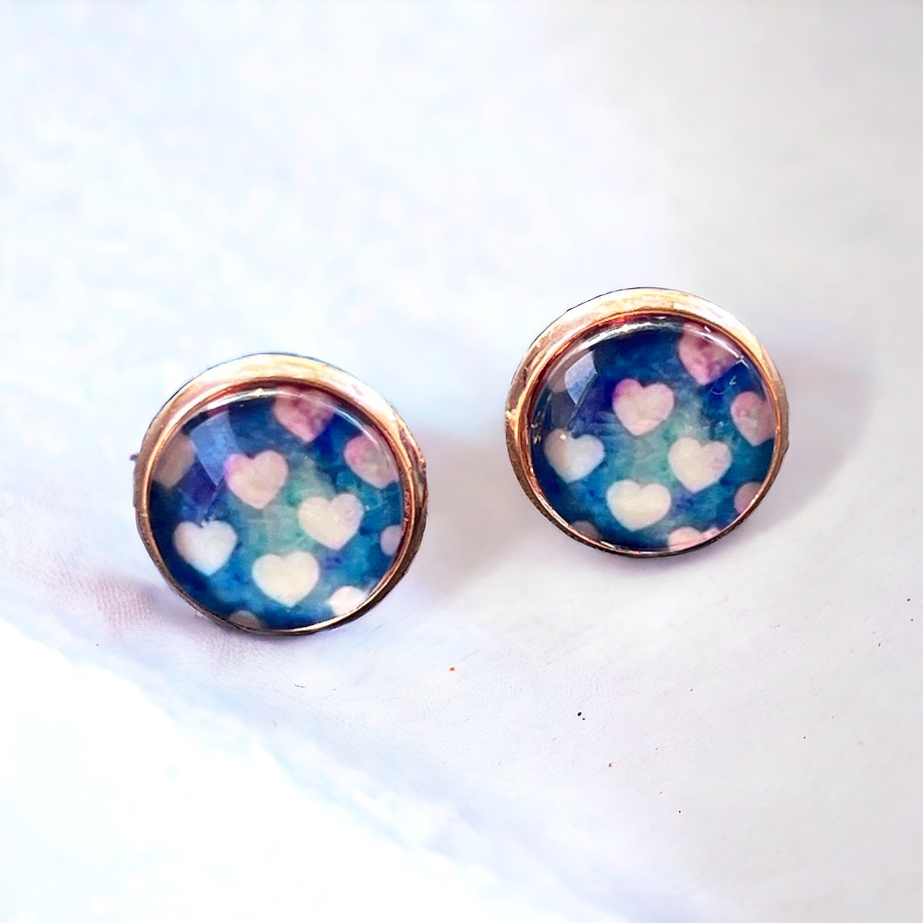 Pink Heart Blue & Rose Gold Earring Studs - Elegant and Charming Accessories