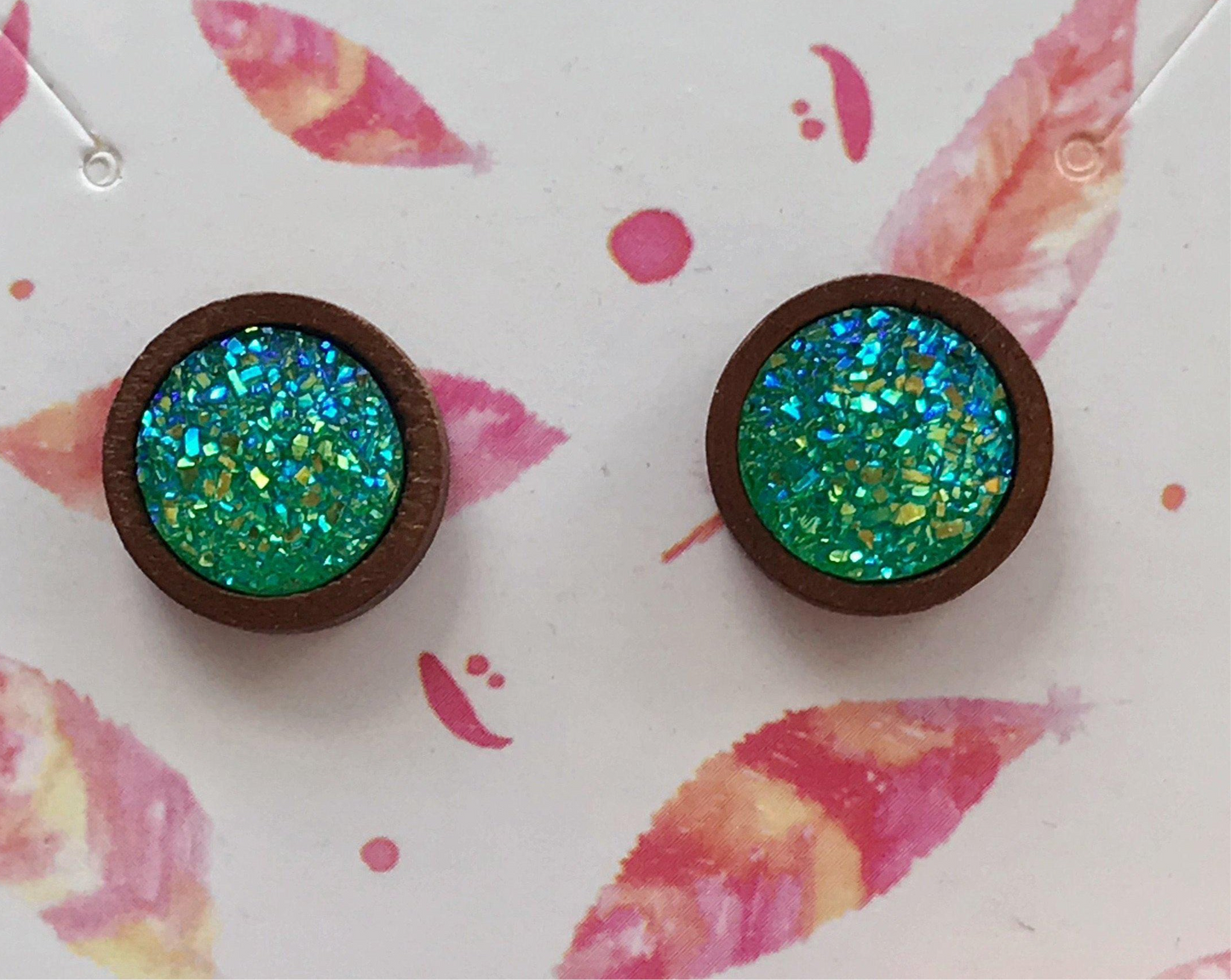 Green Druzy Wood Stud Earrings - Elegant & Natural Accessories