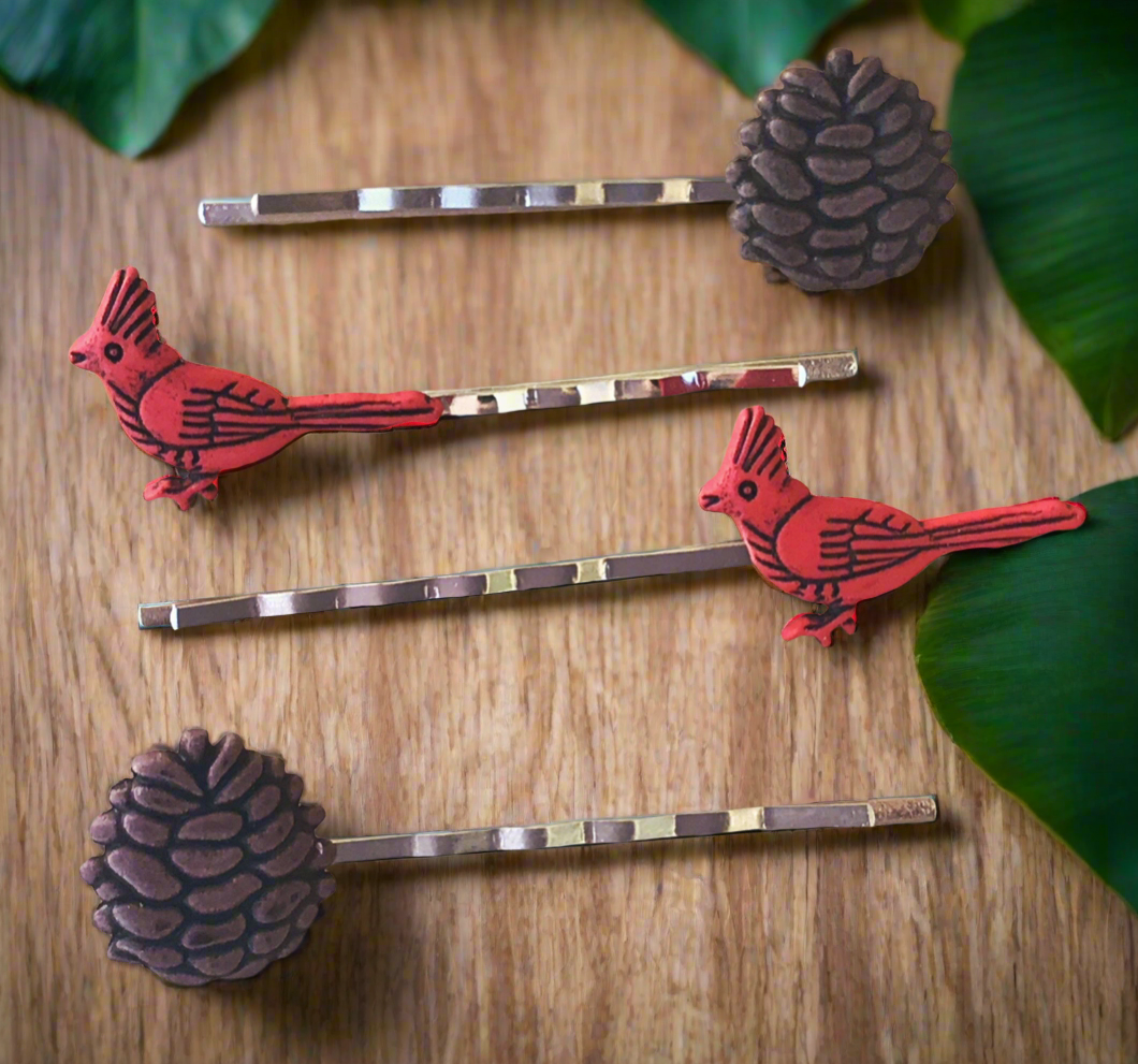 Pinecones & Cardinals Bobby Pins - Boho Fall Hair Pin Set of 4