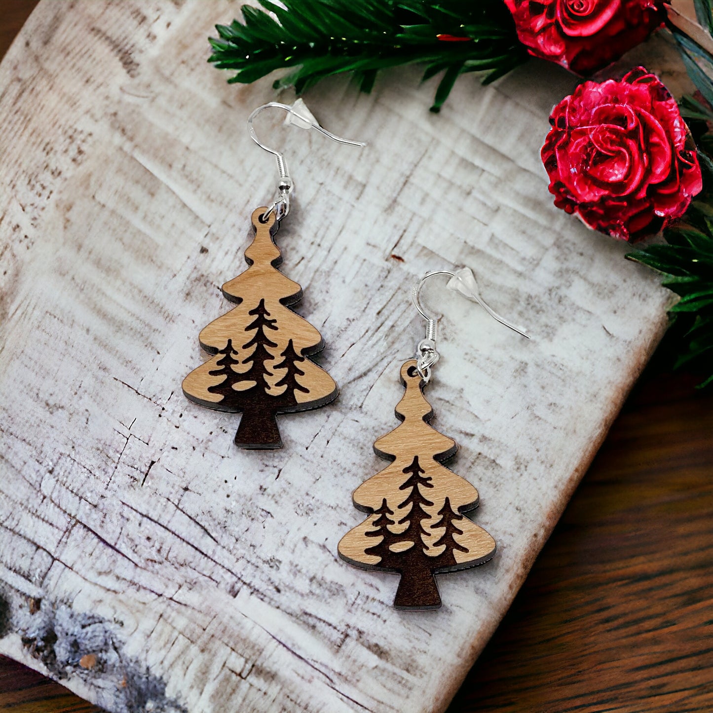 Layered Pine Tree Earrings – Rustic Woodland Forest Jewelry