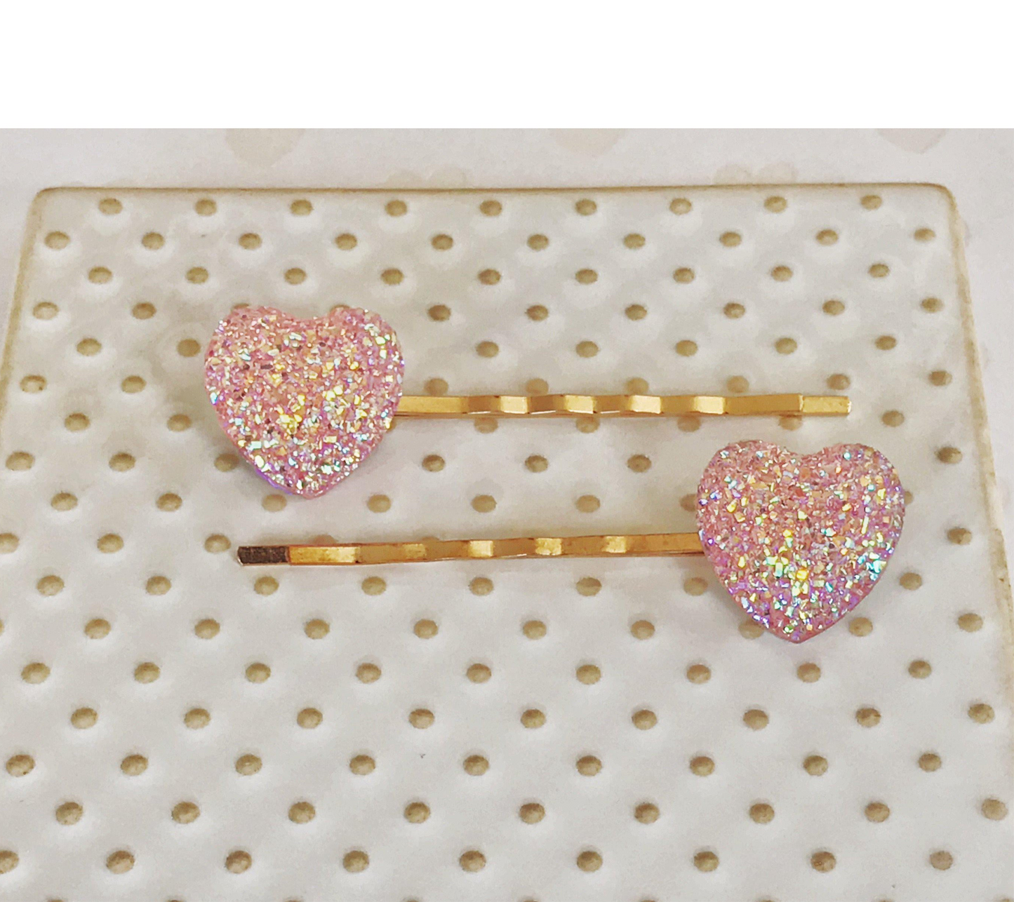 Pink Glitter Druzy Heart Hair Pins - Romantic Accessories