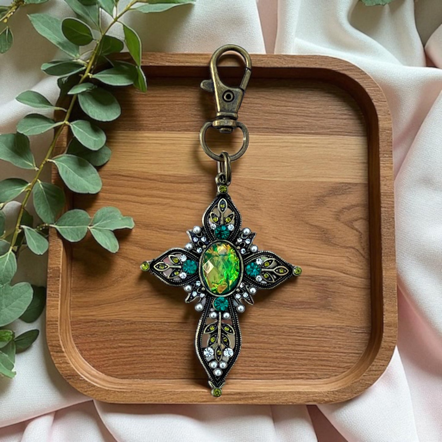 Ornate Cross Purse Charm – Vintage Bronze Keychain with Rhinestones