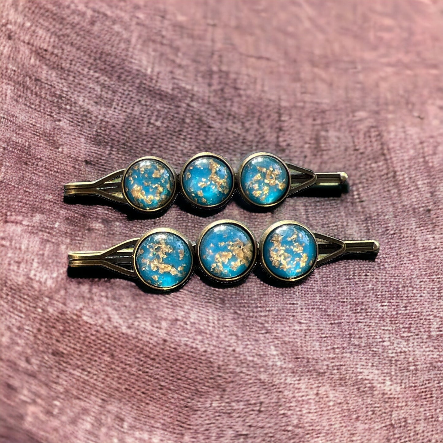 Sky Blue & Gold Foil Hair Pins – Set of 2 Celestial Hair Accessories