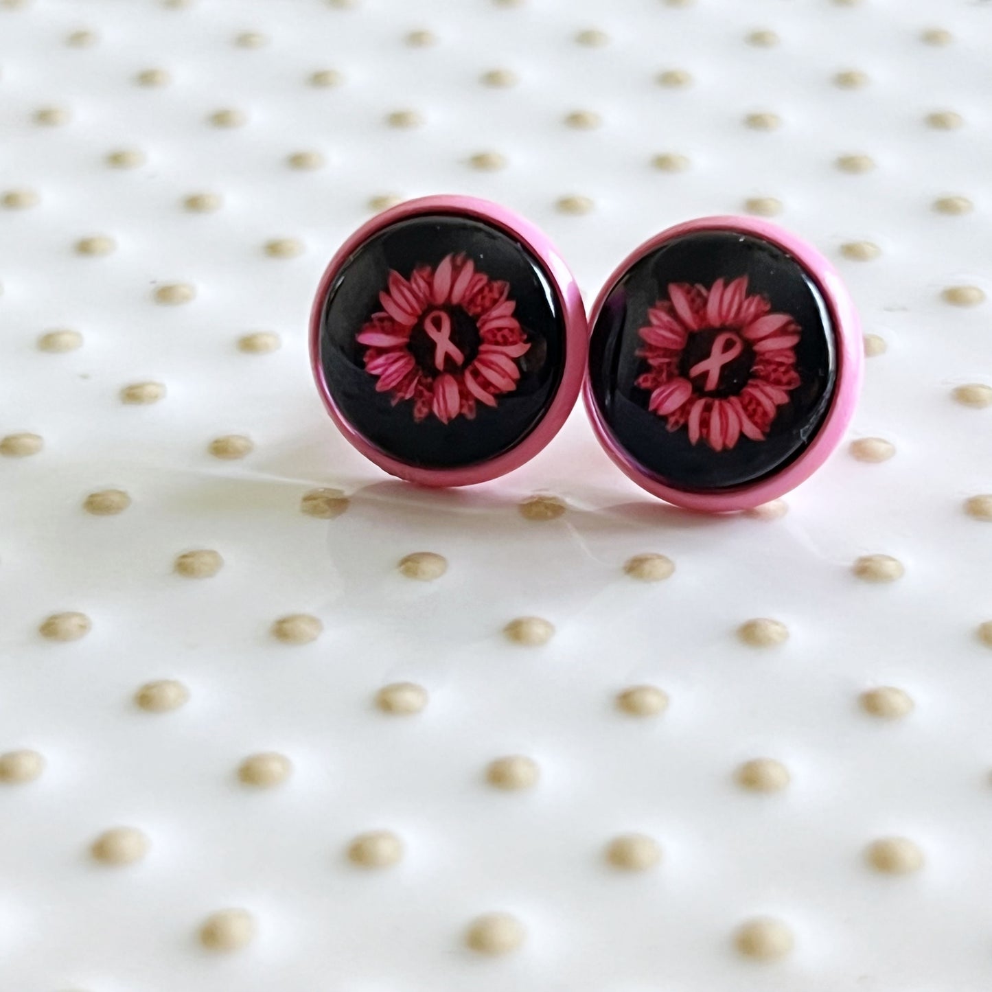 Pink Flower & Ribbon Stud Earrings – Breast Cancer Awareness Jewelry