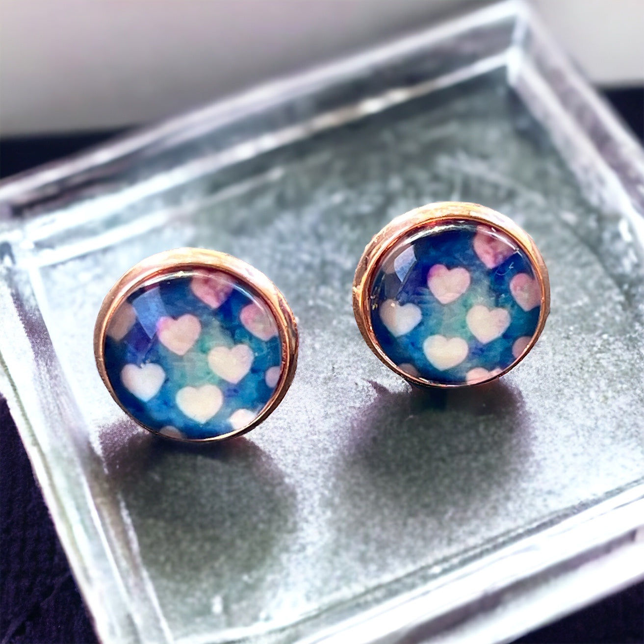 Galaxy Heart Stud Earrings – Whimsical Pastel Love Jewelry in Rose Gold