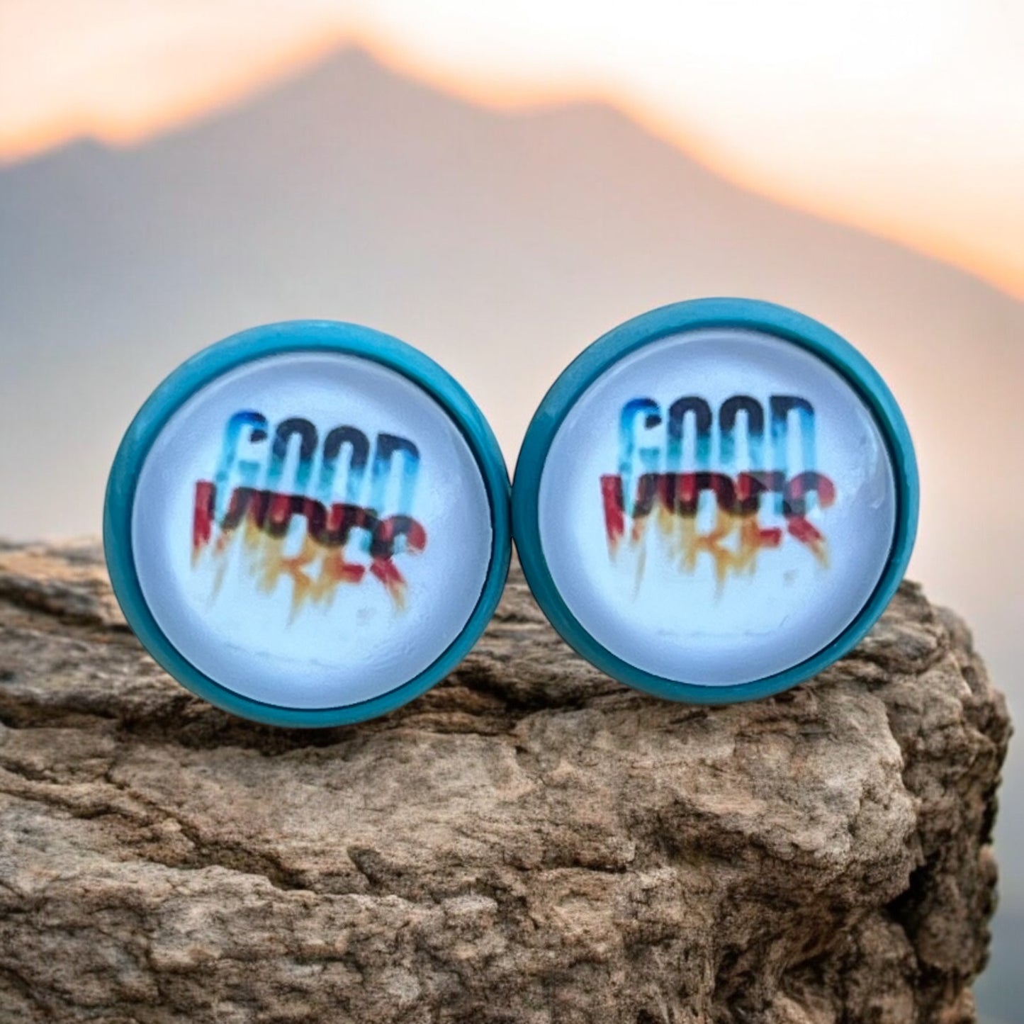 Good Vibes Stud Earrings – Retro Blue Framed Motivational Jewelry