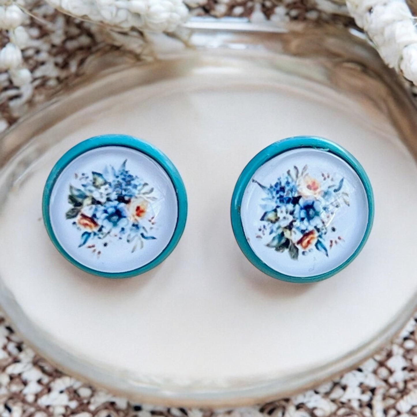 Blue Floral Stud Earrings – Handmade Vintage Cottagecore Jewelry