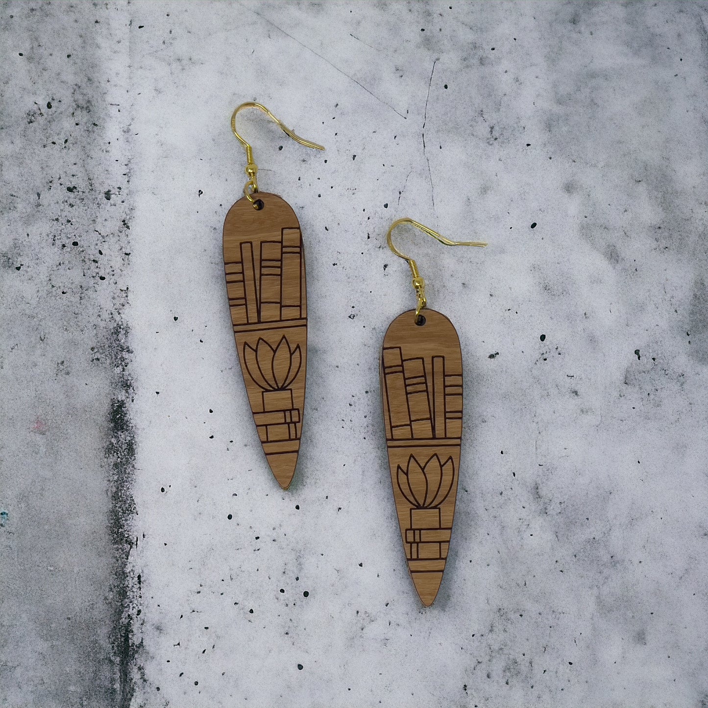 Bookshelf & Plant Wood Earrings – Boho Literary Jewelry