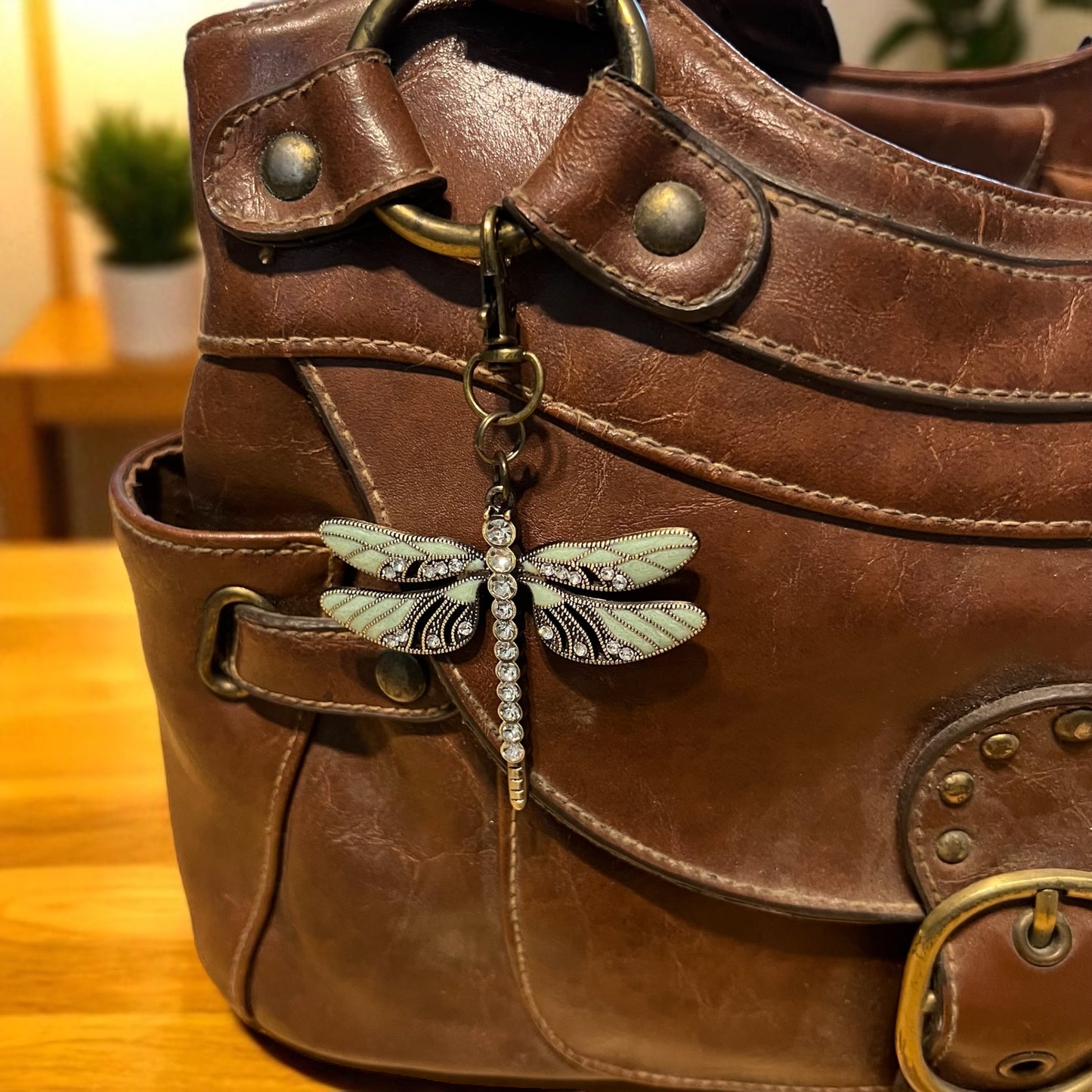Dragonfly Purse Charm – Mint & Rhinestone Boho Bag Accessory
