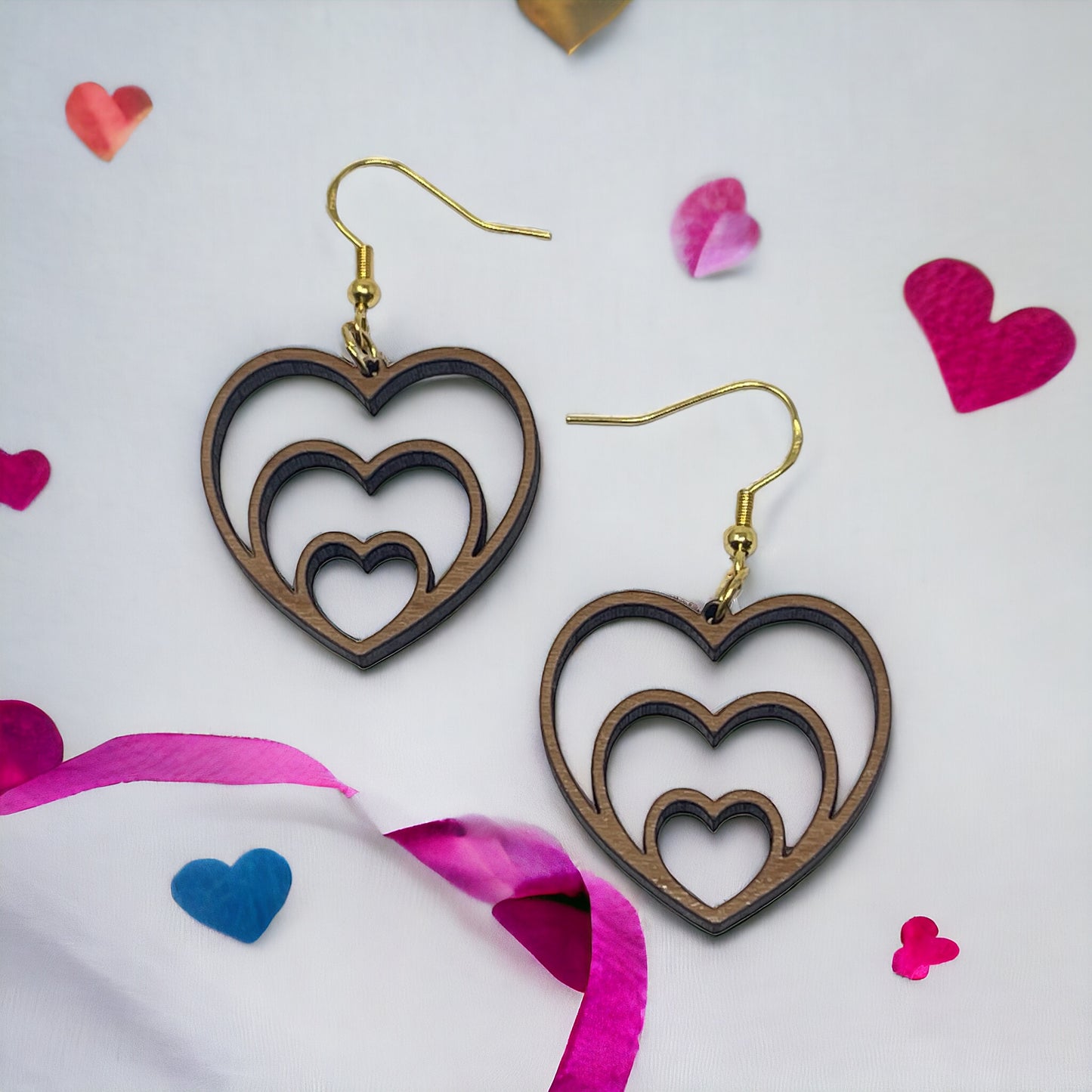 Nested Triple Heart Wood Earrings, Rustic Valentines Dangle Earrings, Cute Holiday Earrings, Wooden Cutout Earrings, Country Western Boho Jewelry