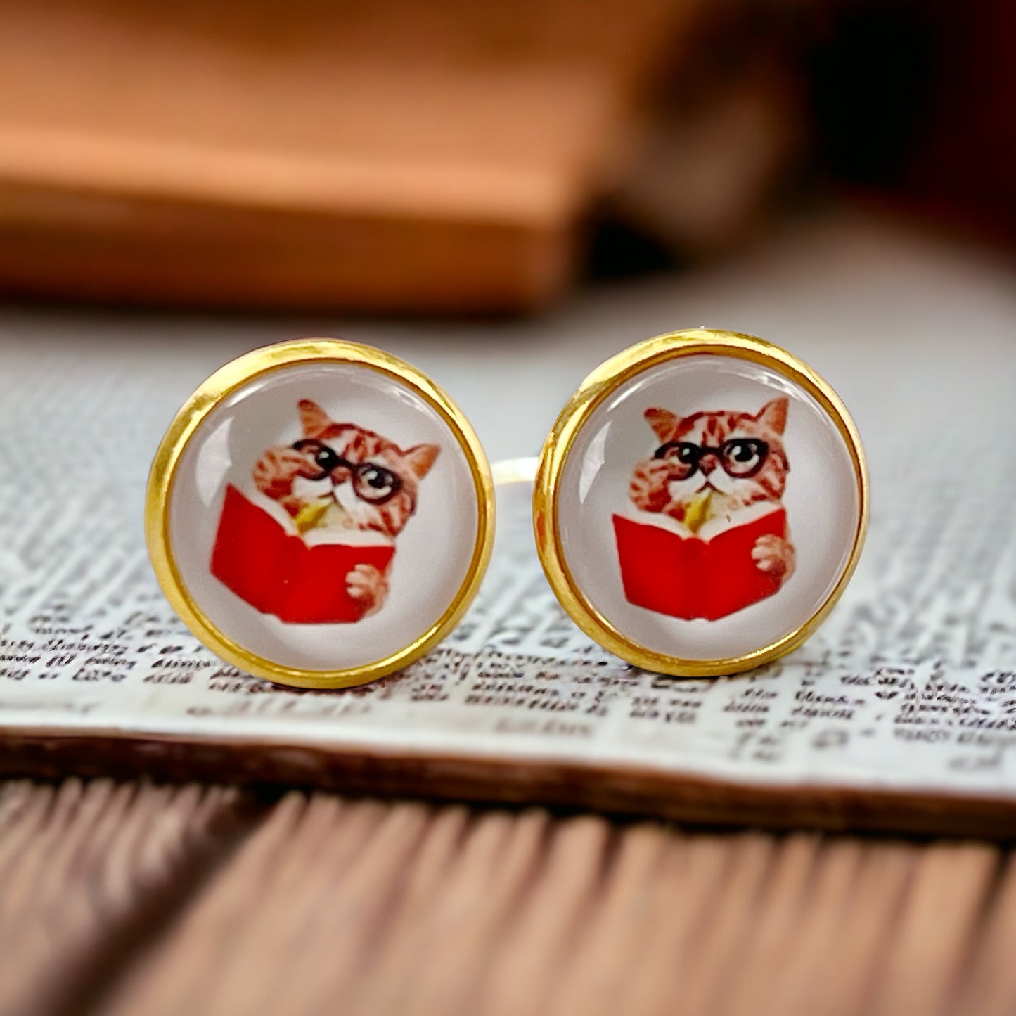 Cat Reading Book Stud Earrings – Gold-Toned Literary Jewelry