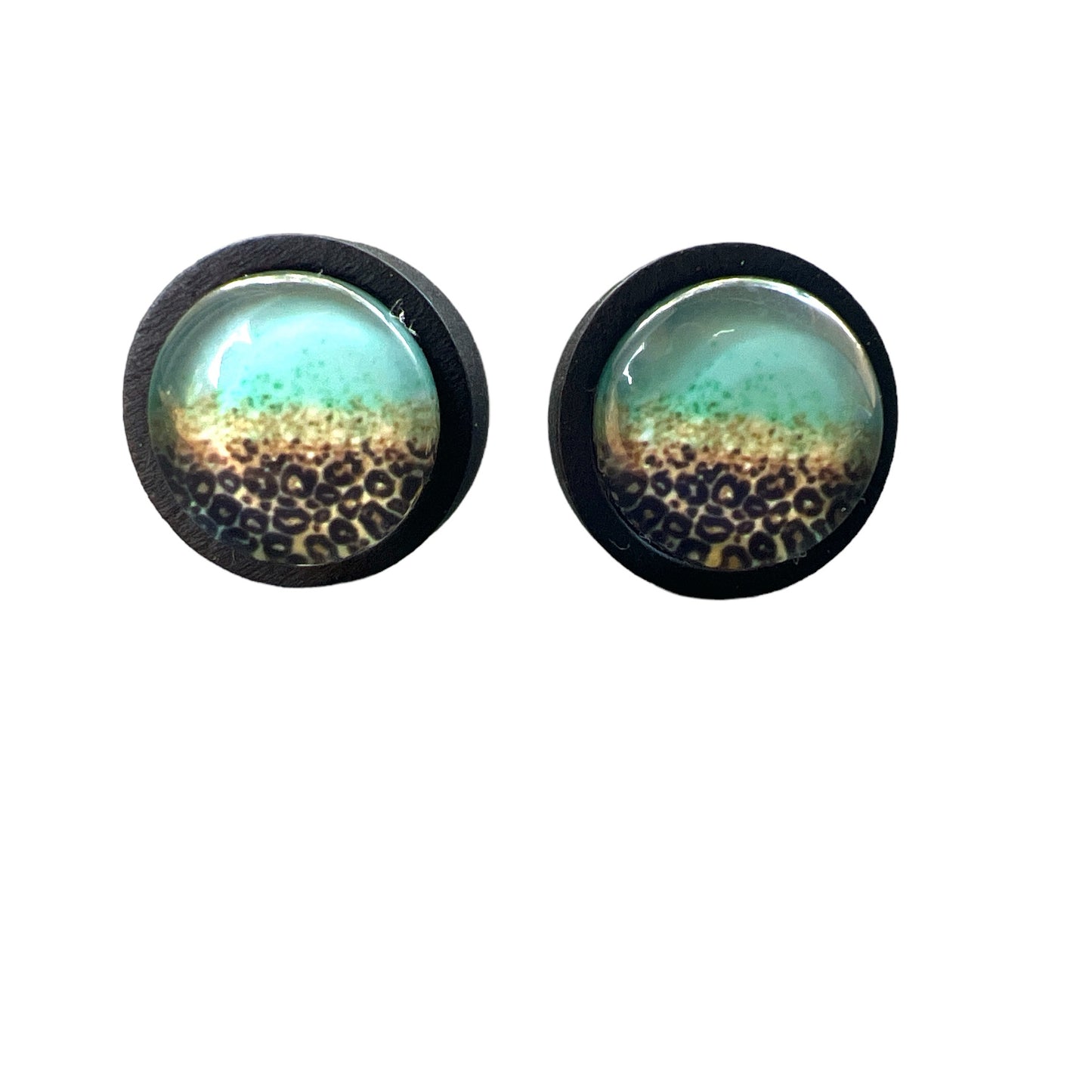 Green and Gold Animal Print Wood Earring Studs