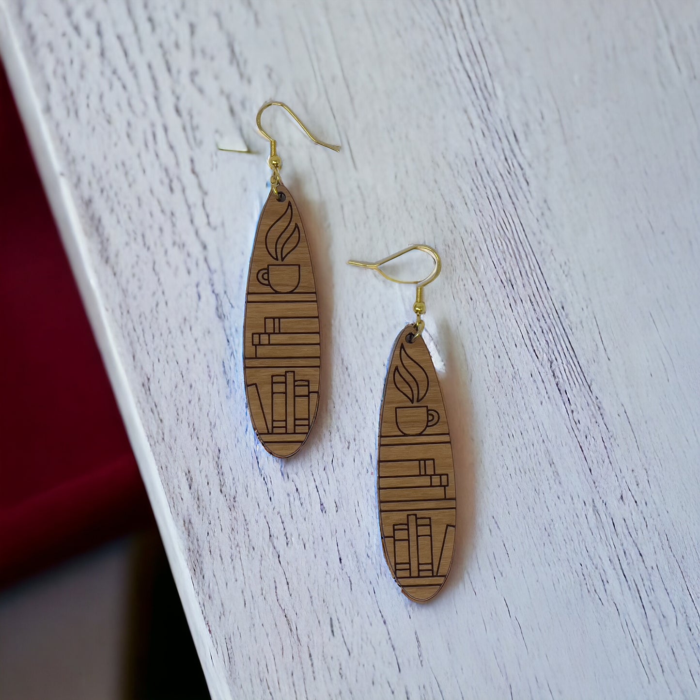 Books & Coffee Wood Earrings – Handmade Boho Literary Jewelry