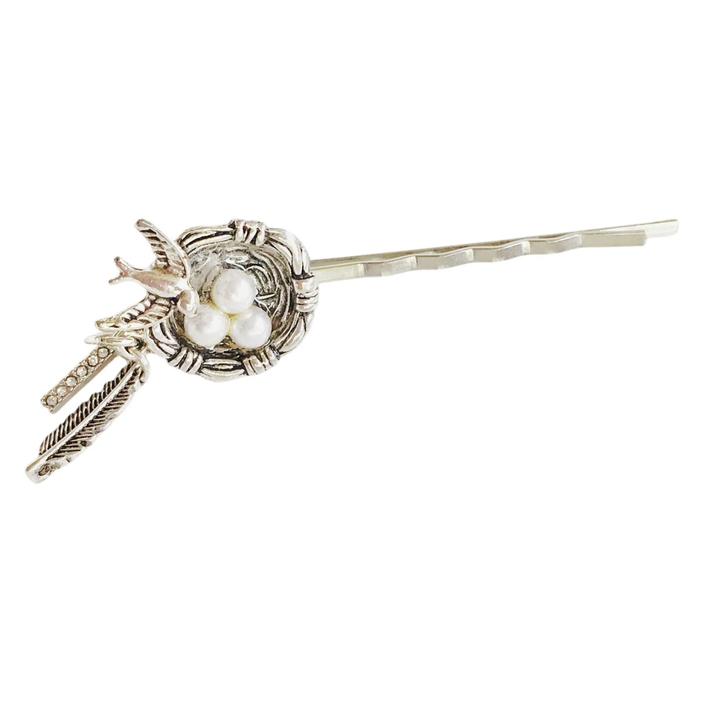 Bird Nest Hair Pin – Silver Nature Hair Accessory with Pearls & Charms