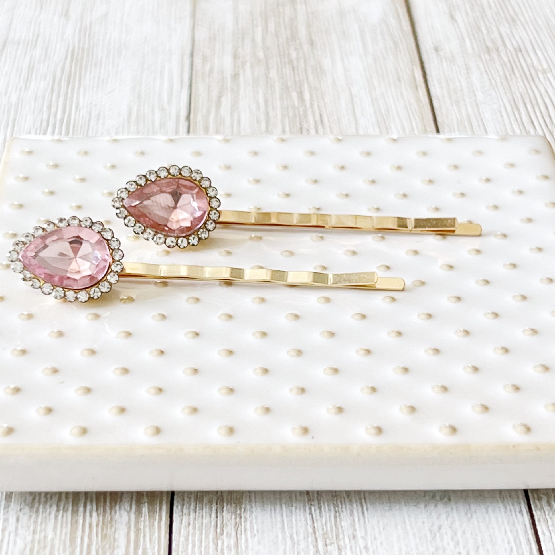 Pink Teardrop Gem Hair Pins – Gold Bobby Pins with Rhinestone Accents