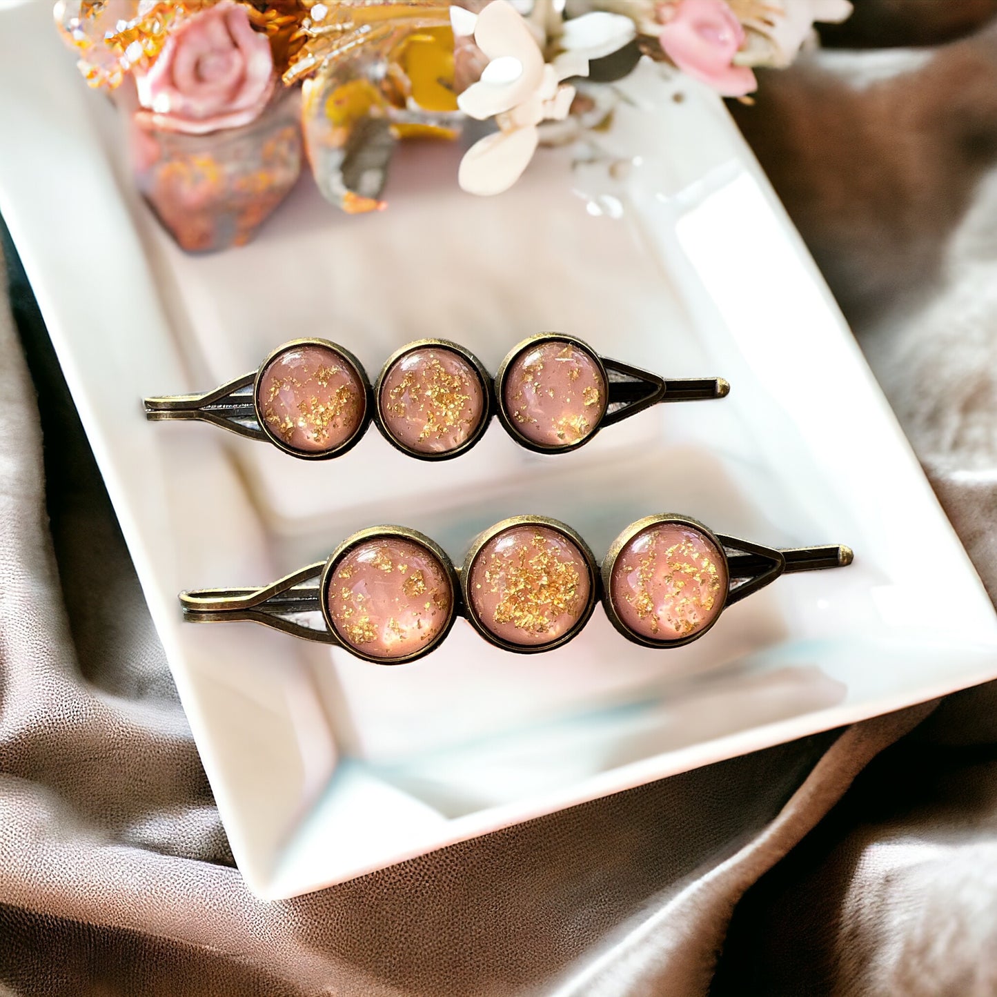 Blush Pink & Gold Foil Hair Pins – Set of 2 Romantic Handmade Accessories