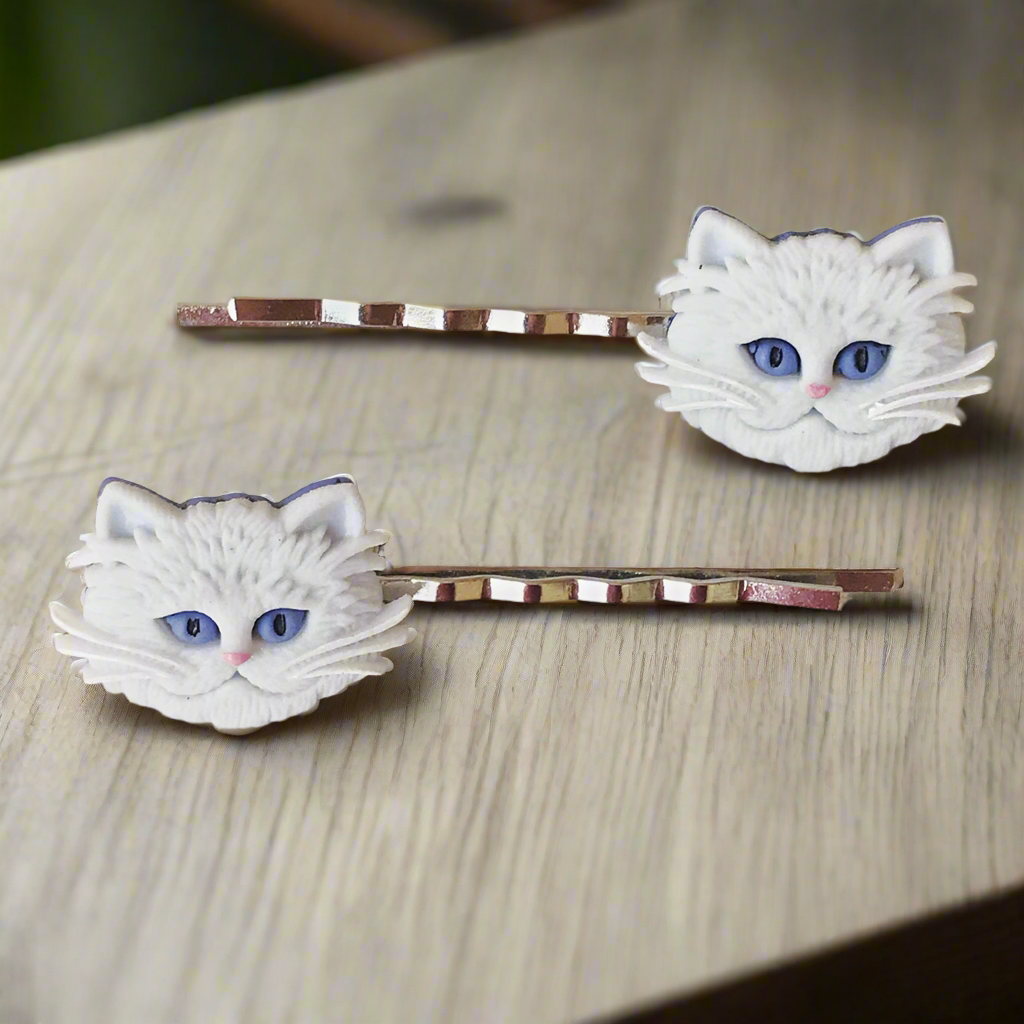 White Cat Hair Pins - Decorative Feline Bobby Pins Set of 2