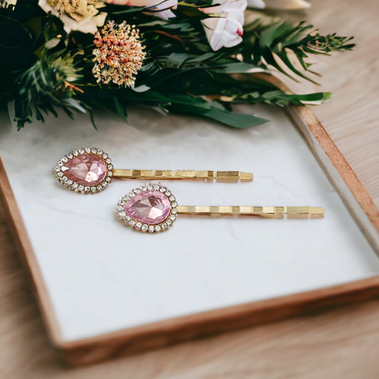 Pink Teardrop Rhinestone Gold Hair Pins: Elevate Your Hairstyle with Glamorous Elegance