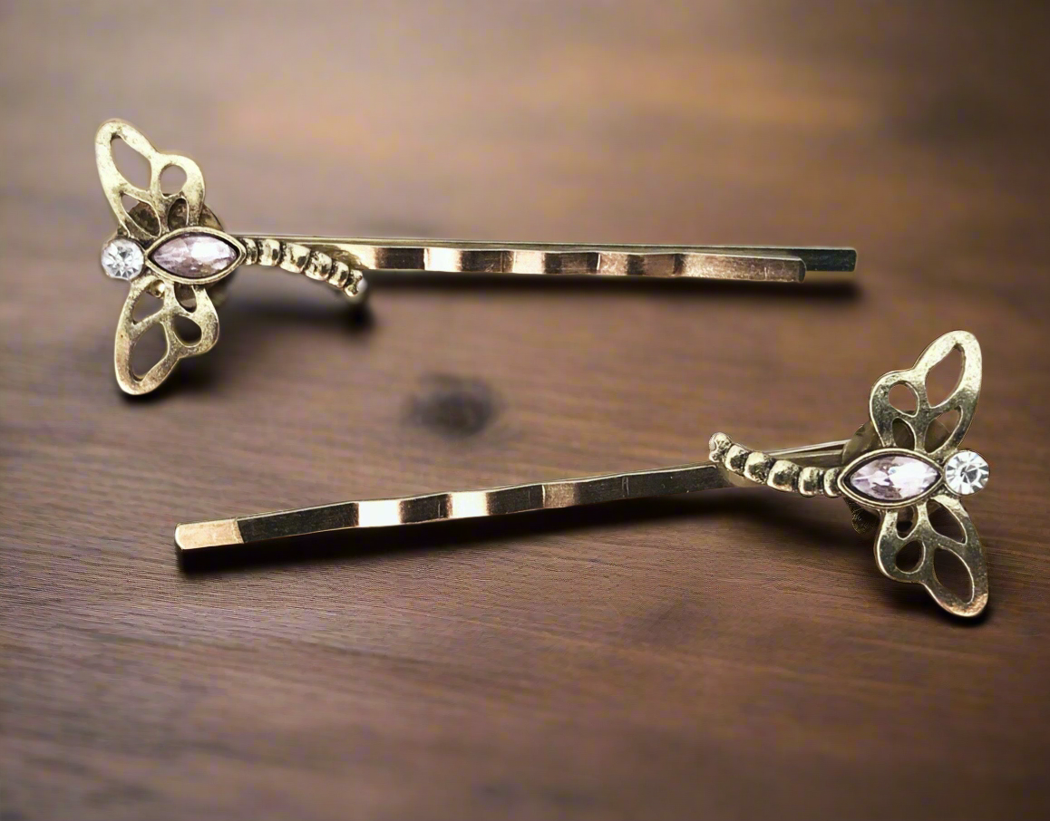 Gold-Toned Dragonfly with Pink Rhinestones Bobby Pin