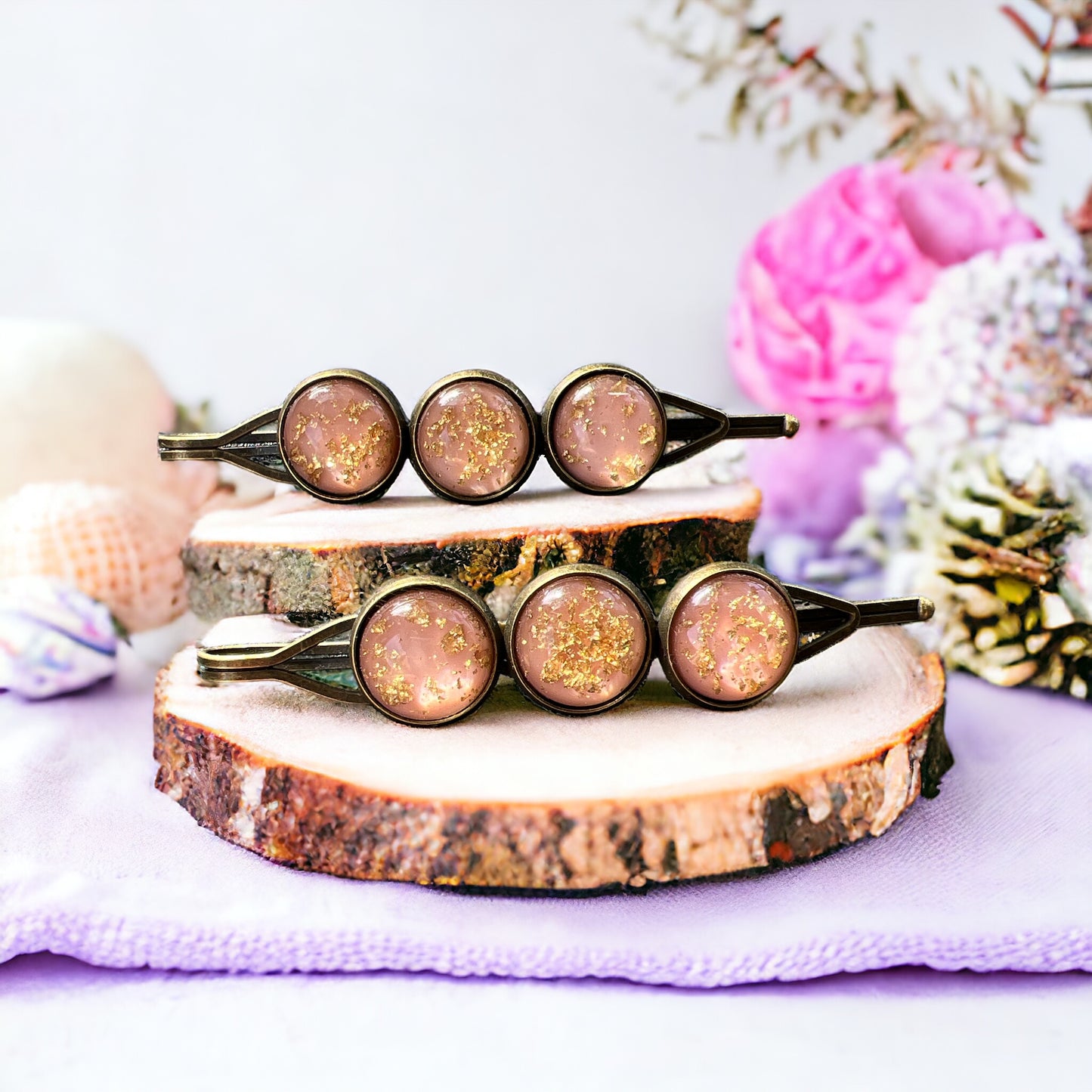 Blush Pink & Gold Foil Hair Pins – Set of 2 Romantic Handmade Accessories