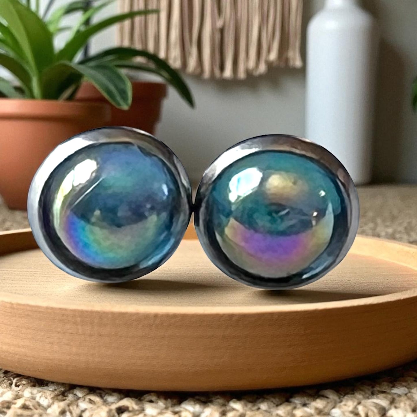 Iridescent Stud Earrings – Small Handmade Rainbow Dome Posts for Women