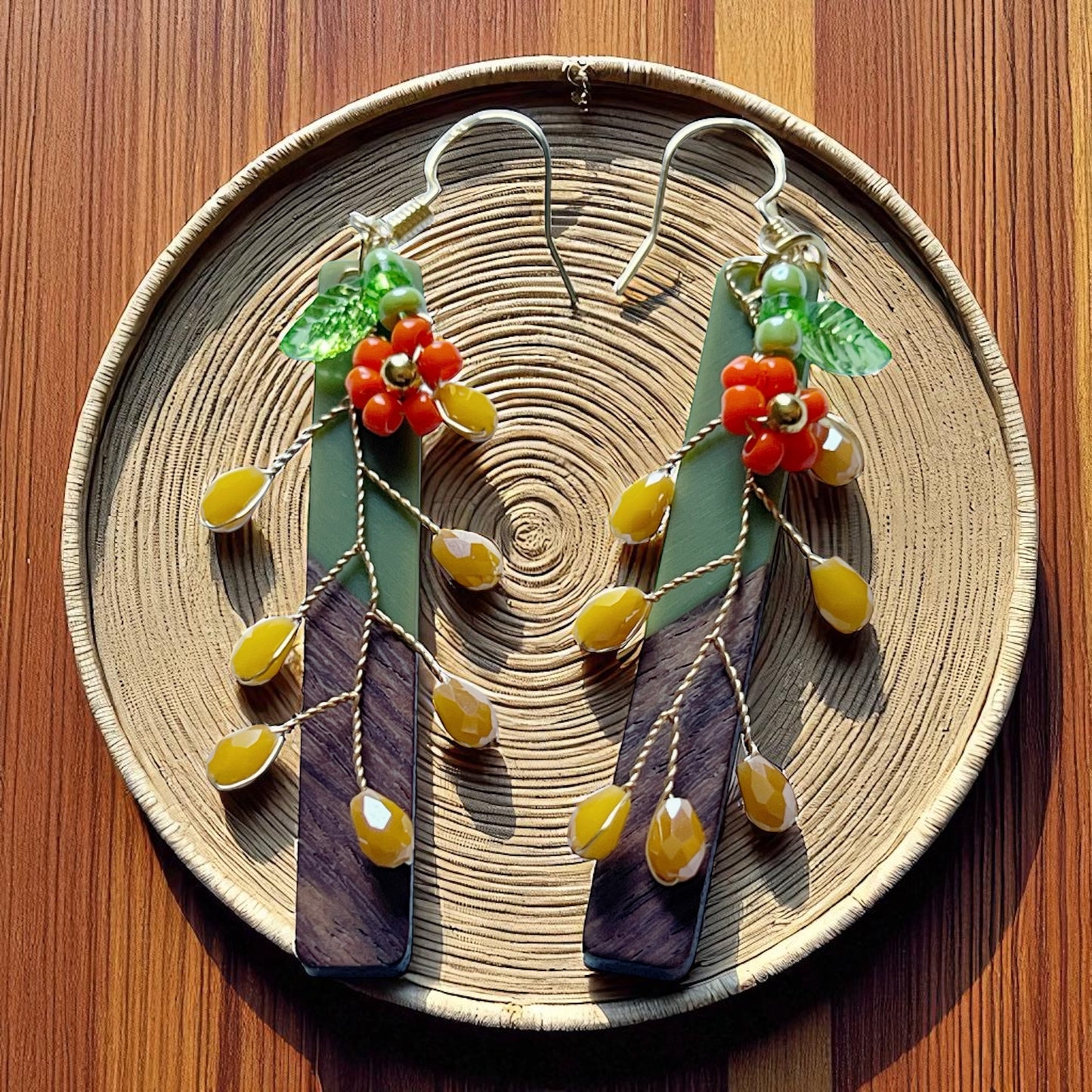 Autumn Vine Wood & Green Bar Earrings – Boho Fall Floral Drops