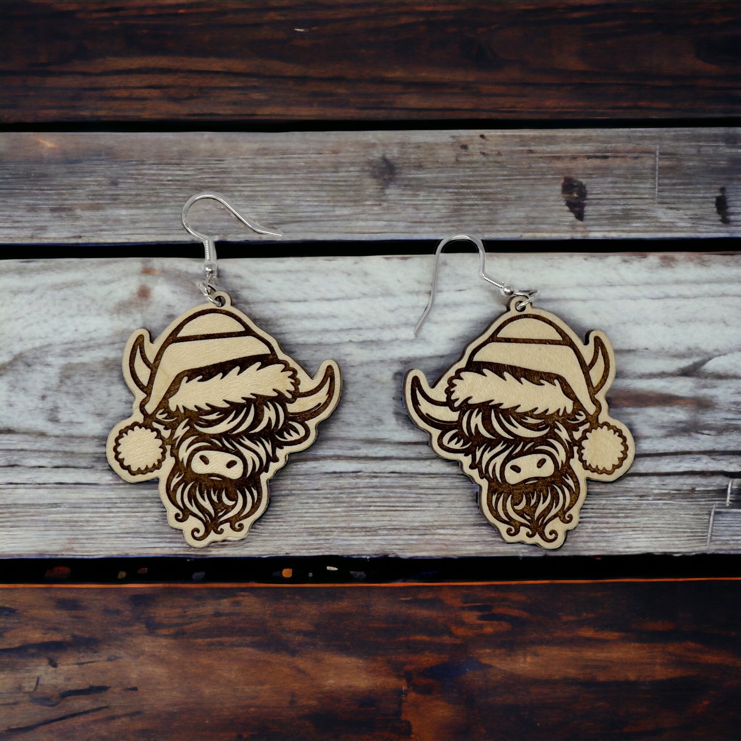 Highland Cow Santa Earrings – Funny Holiday Wooden Christmas Jewelry