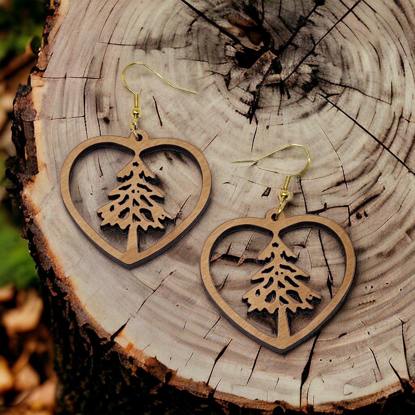Heart Tree Cutout Earrings – Wooden Christmas Forest Dangles with Gold Hooks