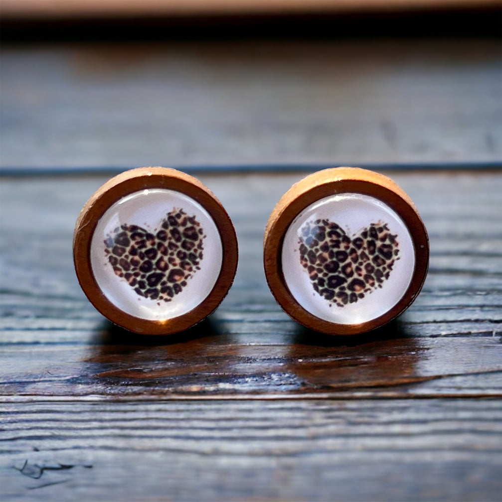 Animal Print Heart Wood Earring Studs - Rustic & Unique Accessories