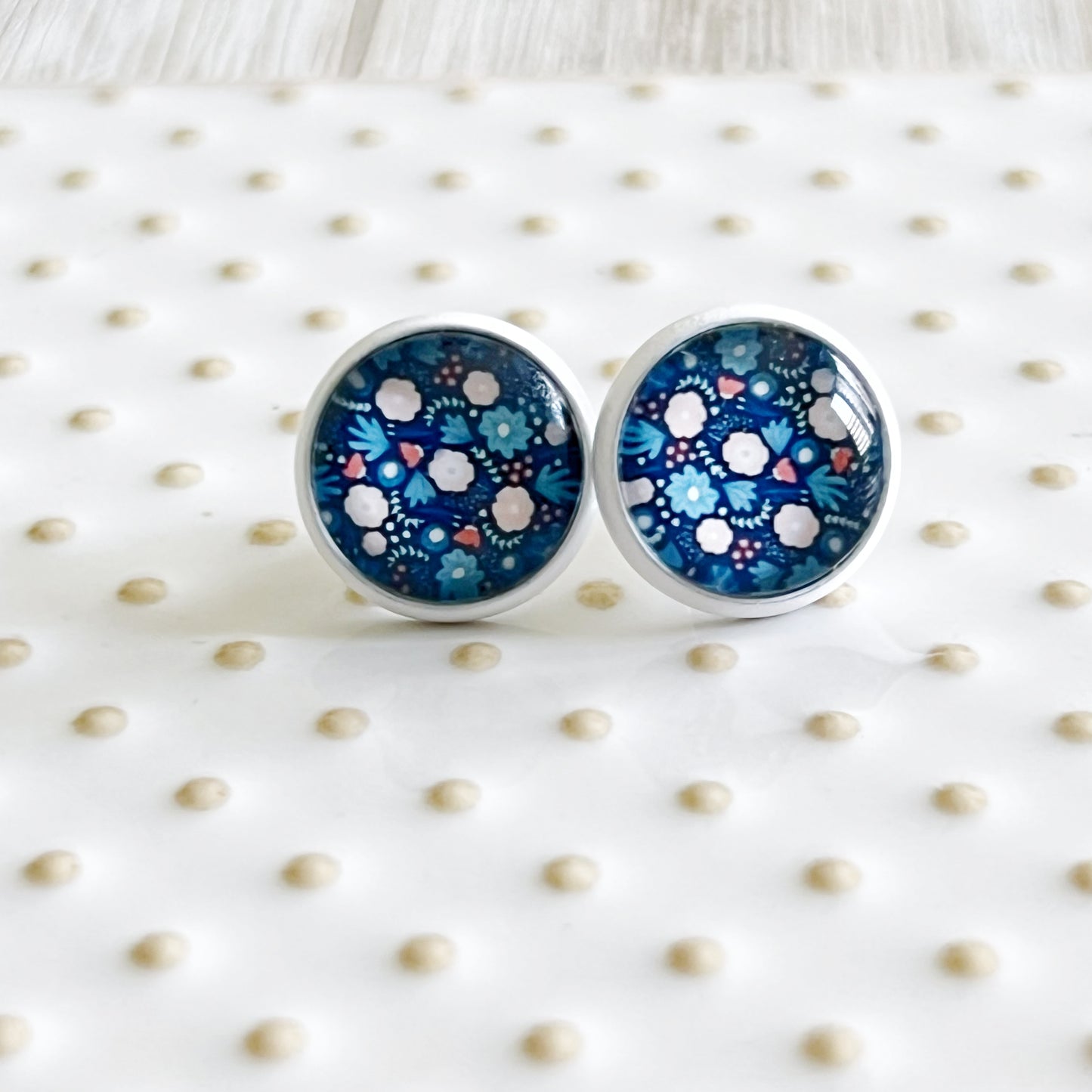 Navy Floral Stud Earrings – Round Silver Botanical Jewelry