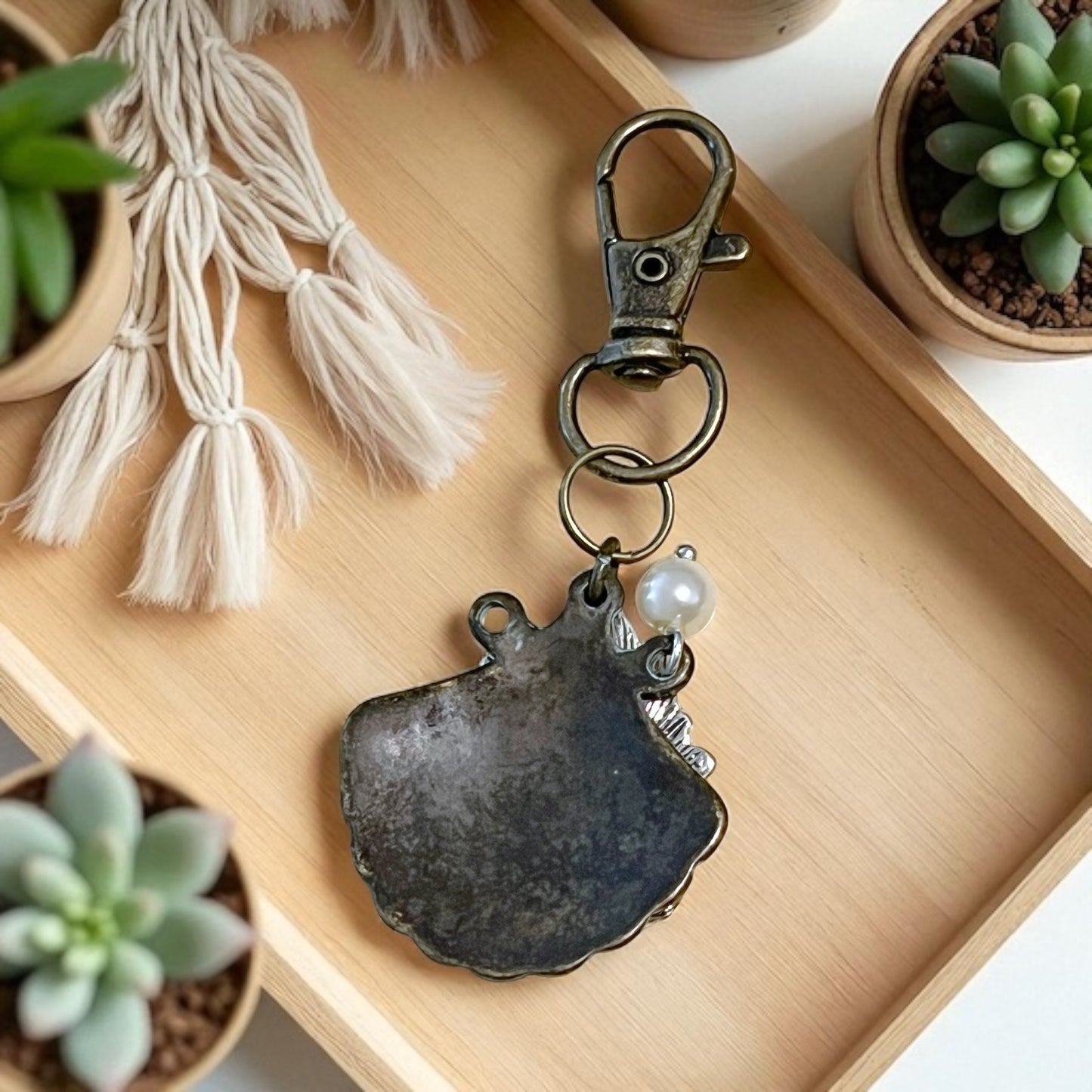 Mermaid & Seashell Purse Charm – Coastal Keychain with Pearl Accent