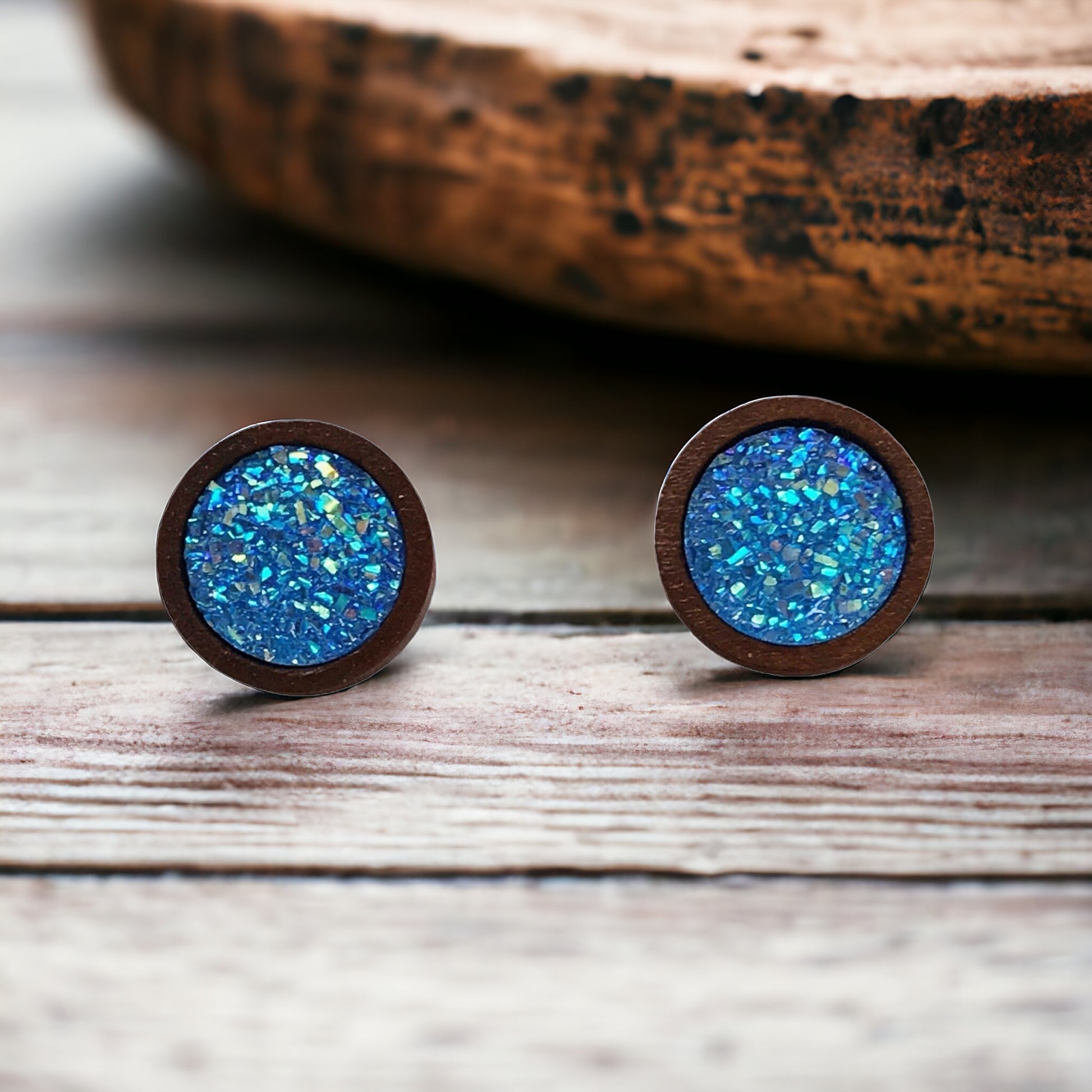 Blue Glitter Druzy Earrings - Boho Chic Studs with Natural Wood Accents