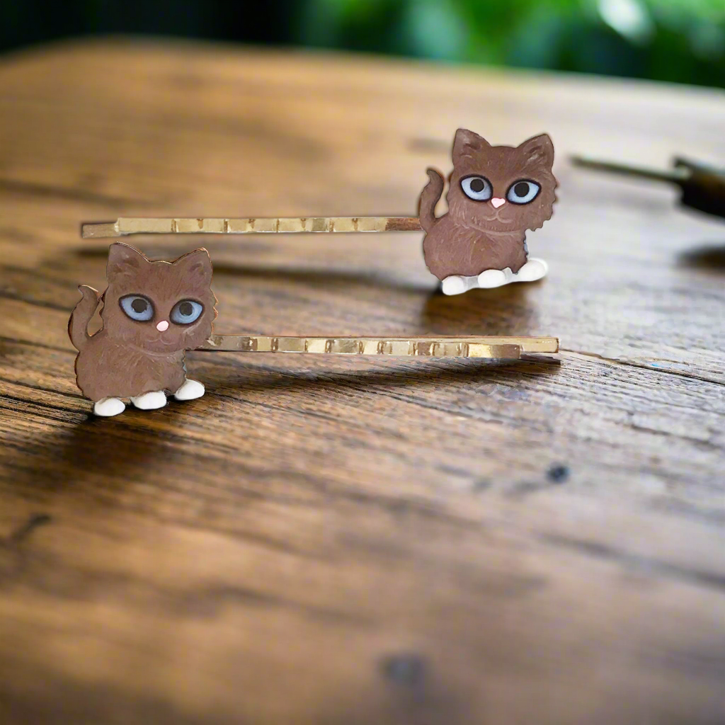 Brown Cat Hair Pins - Decorative Kitty Bobby Pins