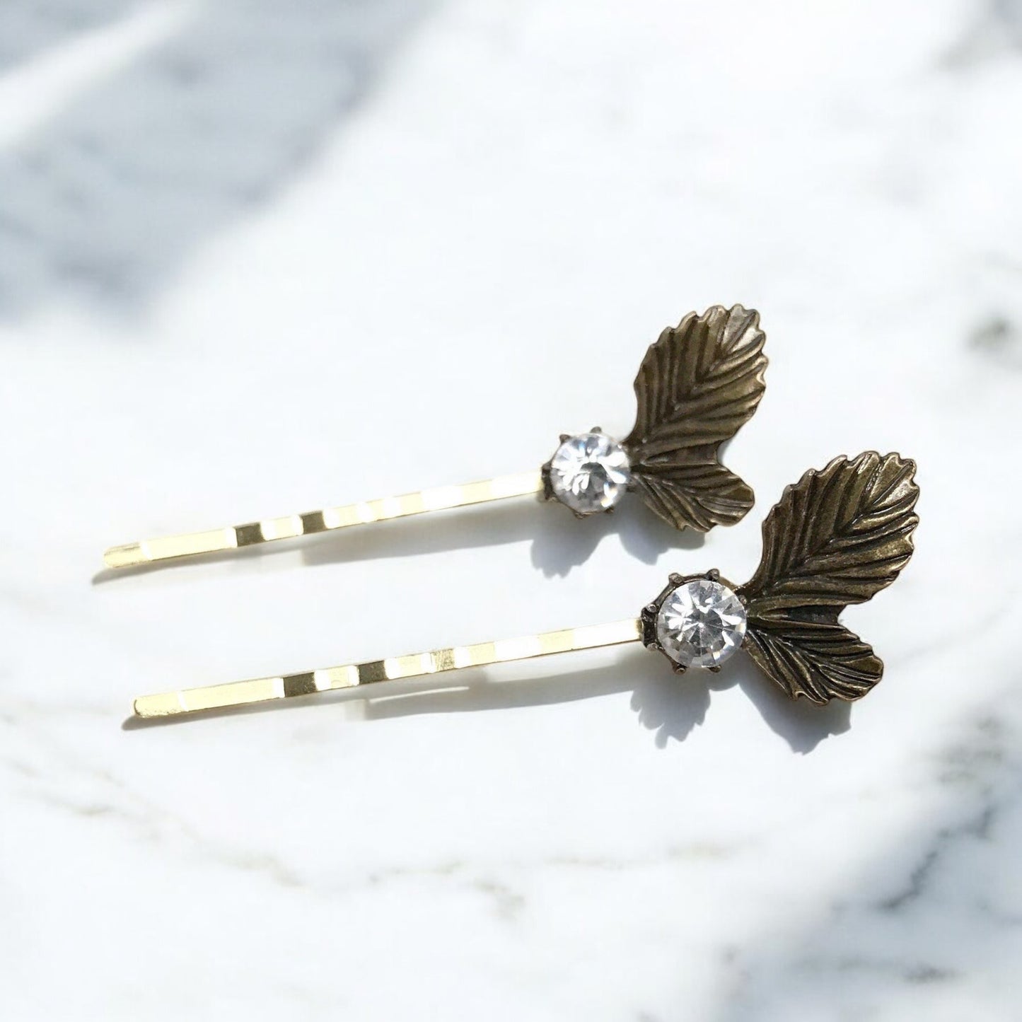Antique Leaf Hair Pins – Vintage Brass Hair Clips with Rhinestones Set of 2