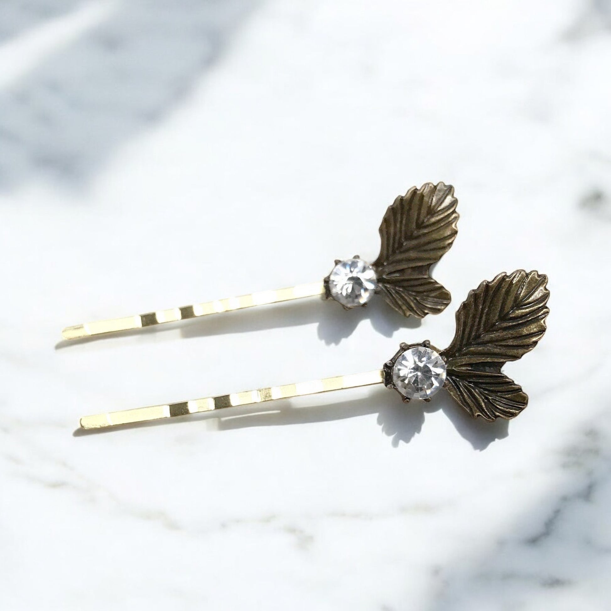 Antique Leaf Hair Pins – Vintage Brass Hair Clips with Rhinestones Set of 2