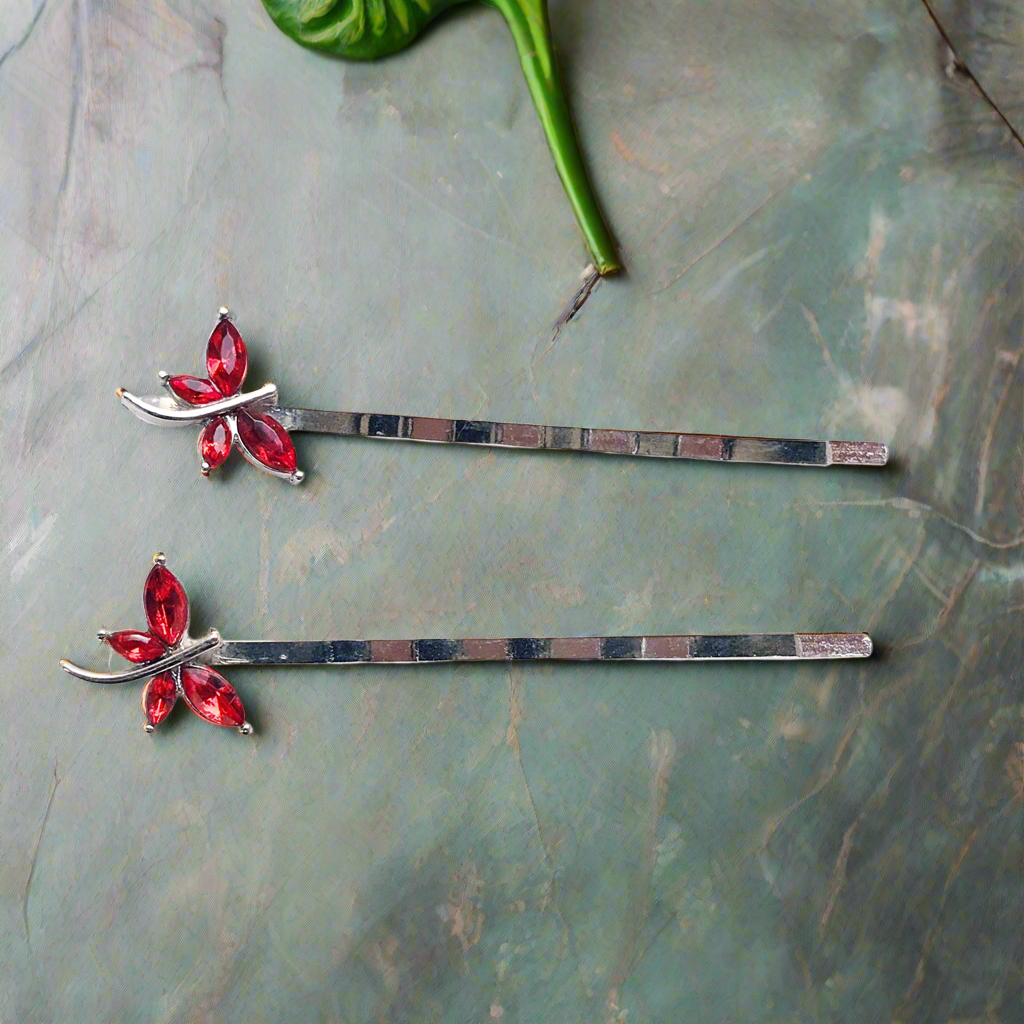Red Rhinestone Dragonfly Hair Pins - Delicate Whimsical Accents