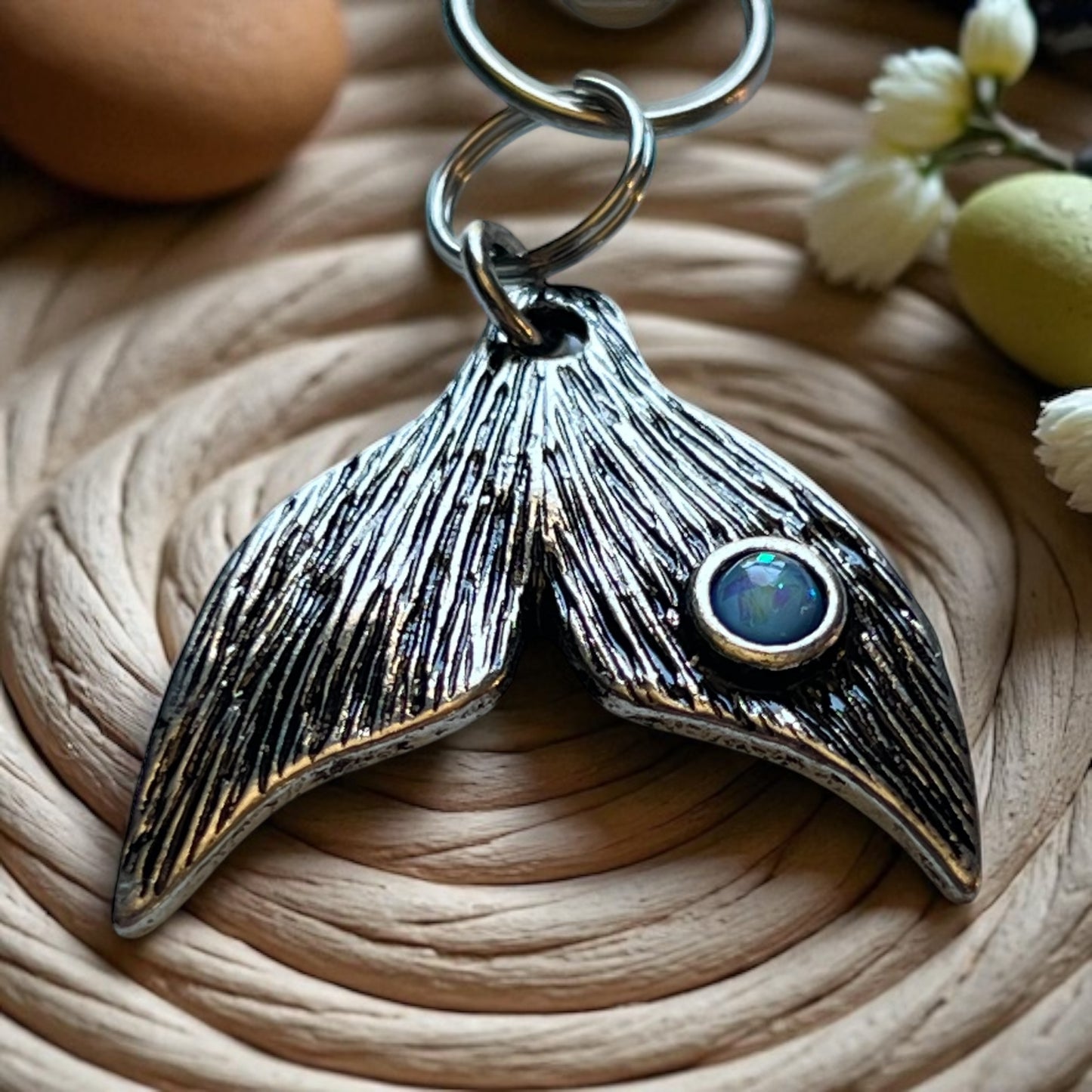 Whale Tail Purse Charm – Nautical Ocean Keychain with Blue Gem