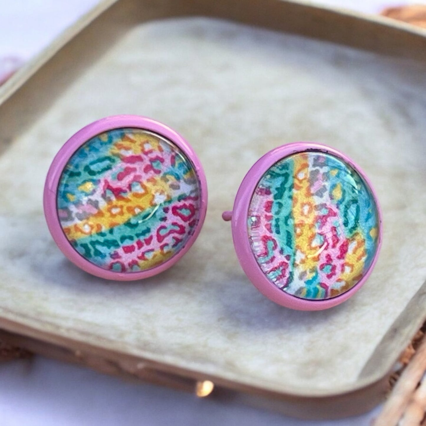 Spring Leopard Print Stud Earrings – Handmade Pastel Animal Print Jewelry