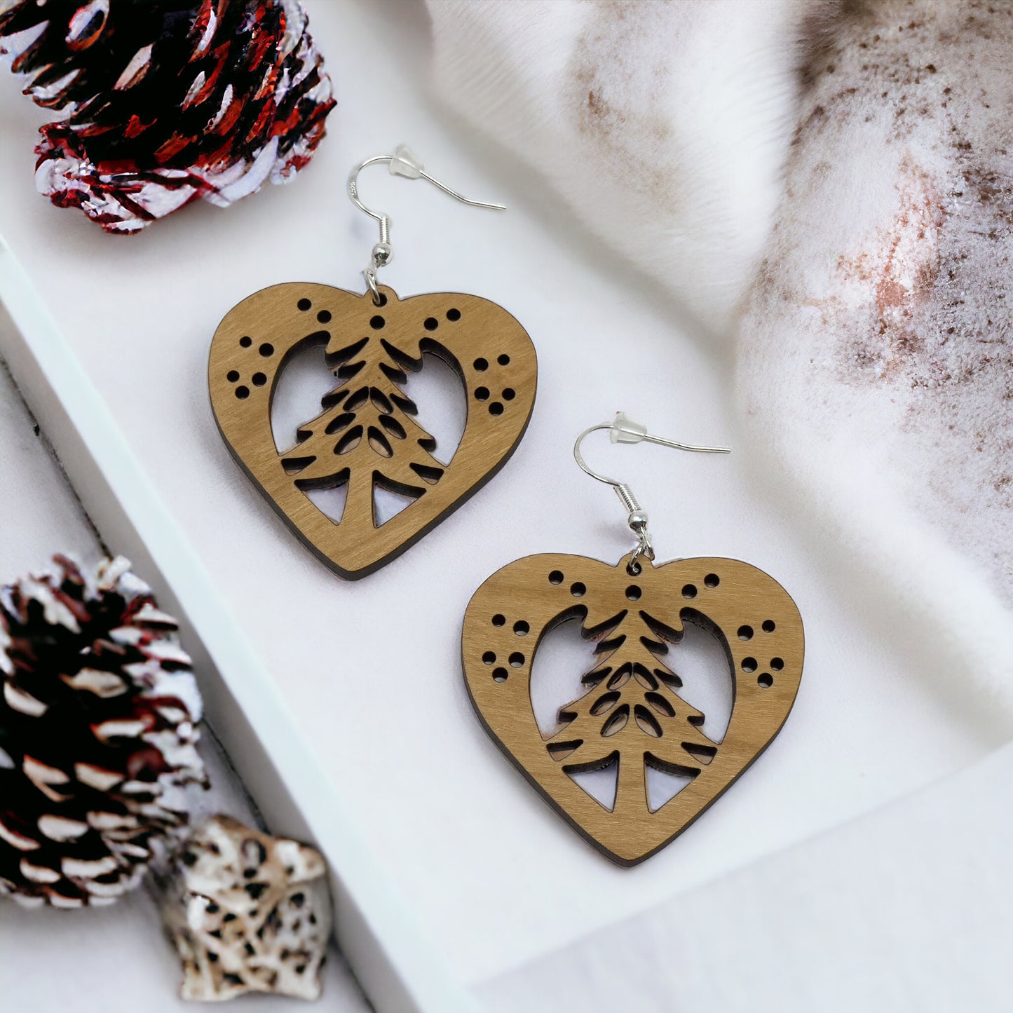 Heart Tree Cutout Earrings – Wooden Christmas Forest Dangles with Gold Hooks