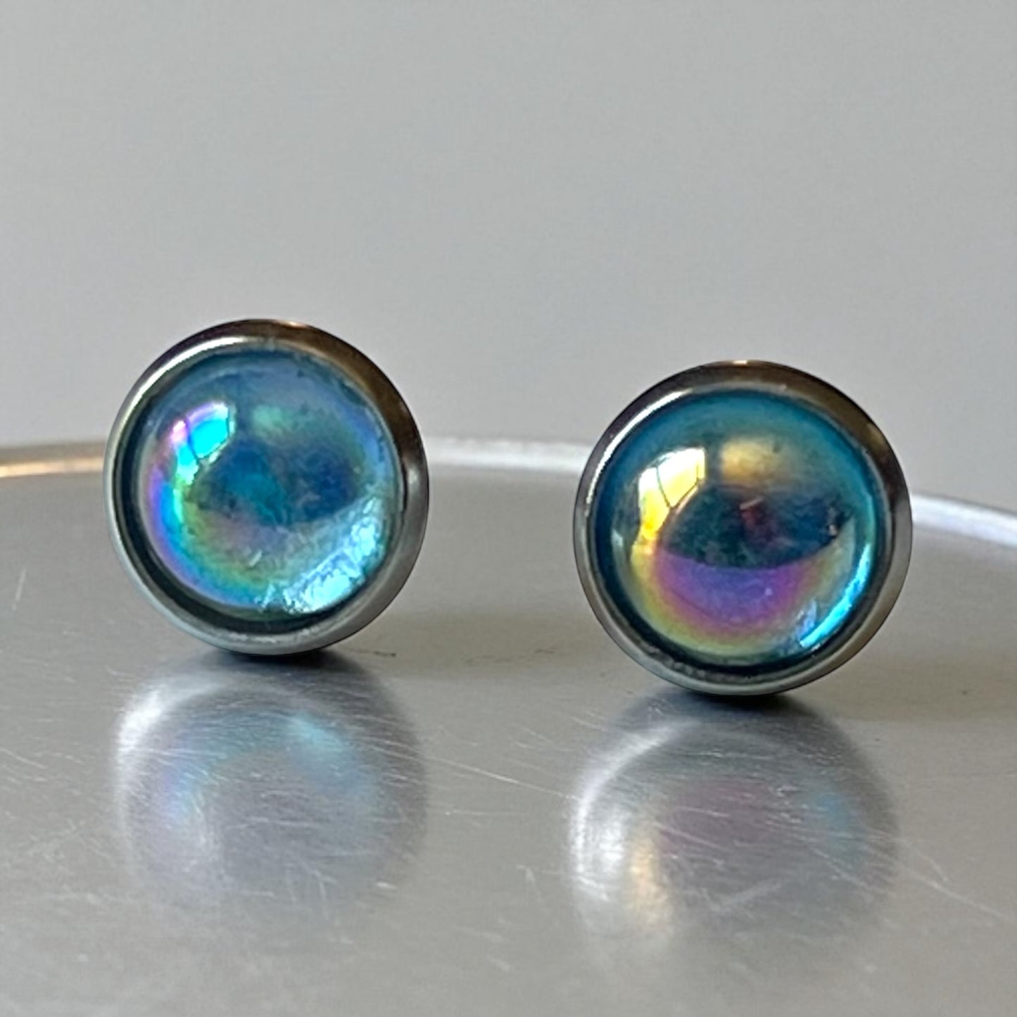 Iridescent Stud Earrings – Small Handmade Rainbow Dome Posts for Women
