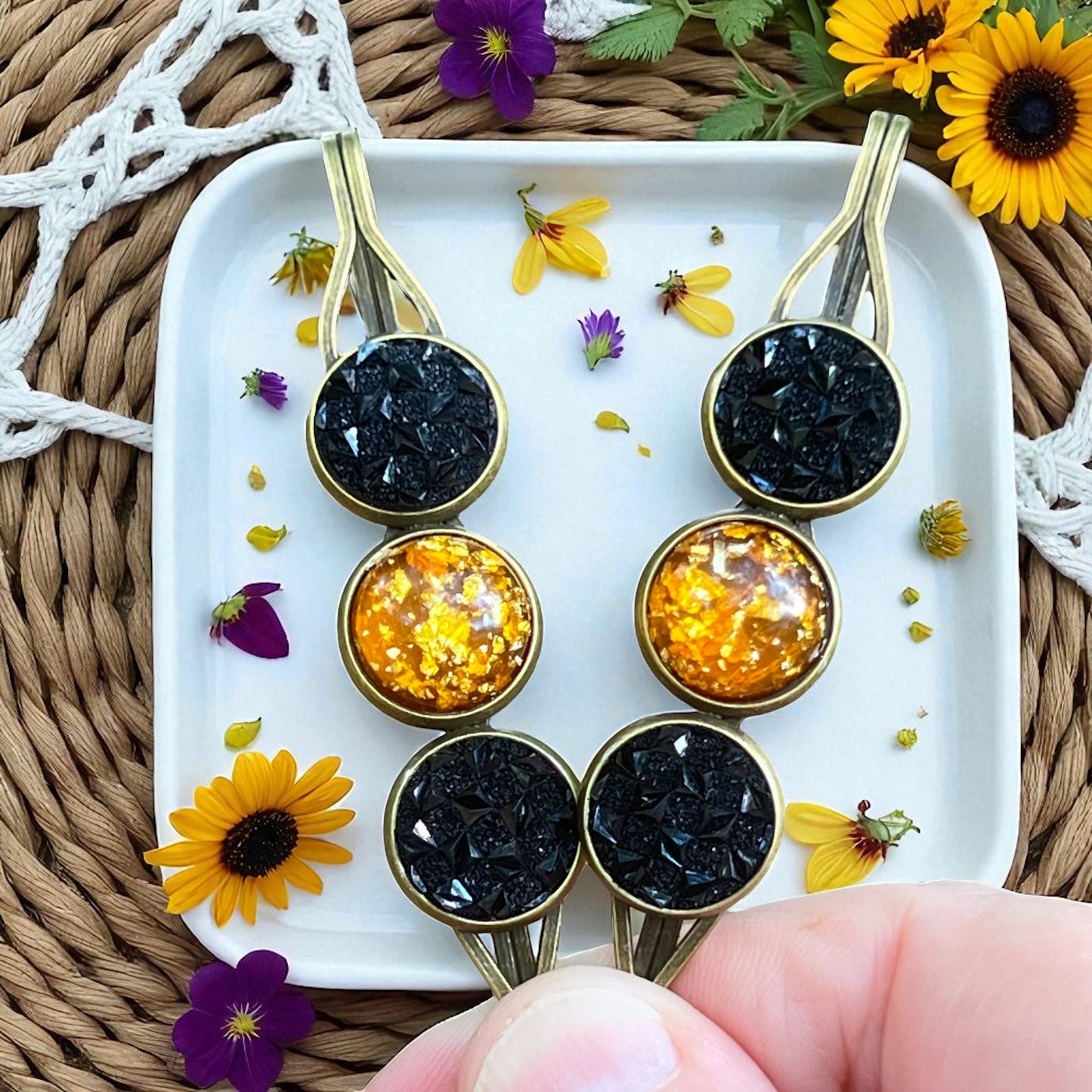 Fall Hair Pin Set – Amber & Black Crystal Handmade Bobby Pins